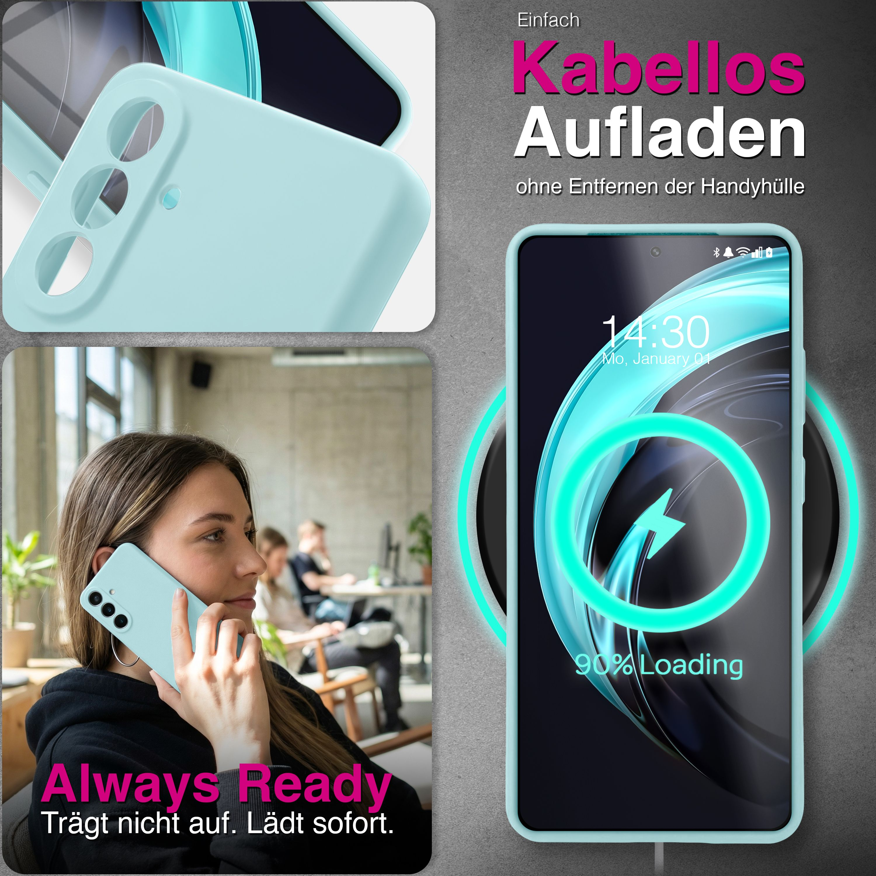 Ein Handy in hellblau wird kabellos geladen. Daneben eine Frau mit Handy am Ohr.