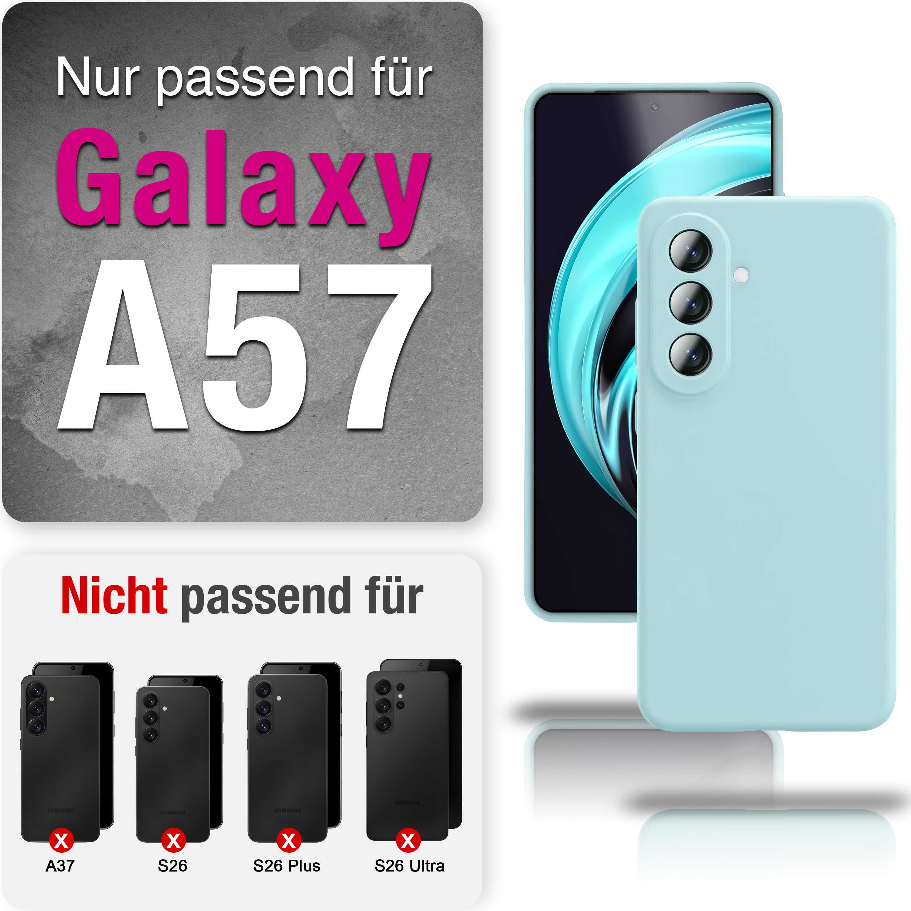 Hellblaue Handyhülle für Samsung Galaxy A57, zeigt nicht passende Modelle.