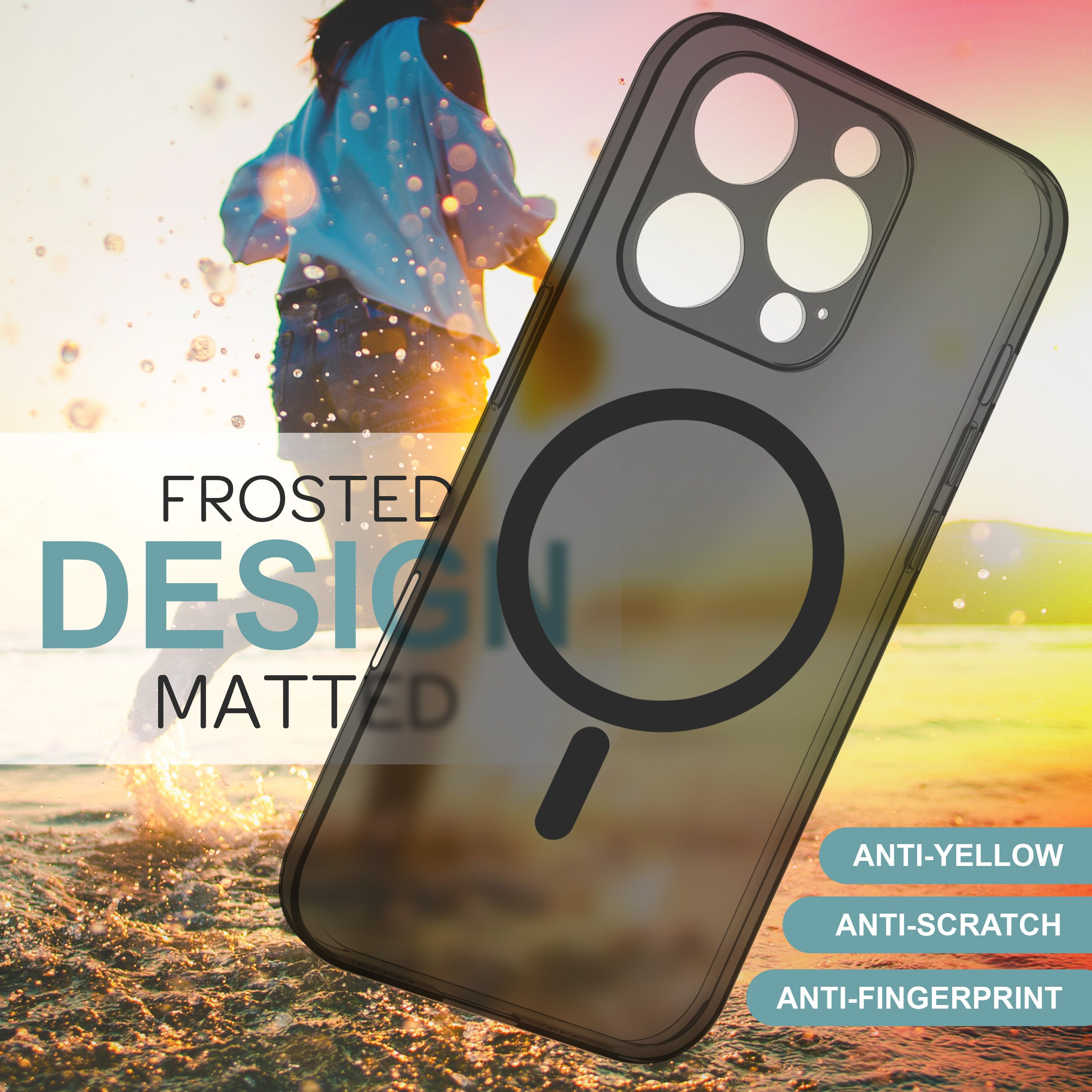 Eine Person im Freien, ein schwarzes Handy-Case mit Magnetring.