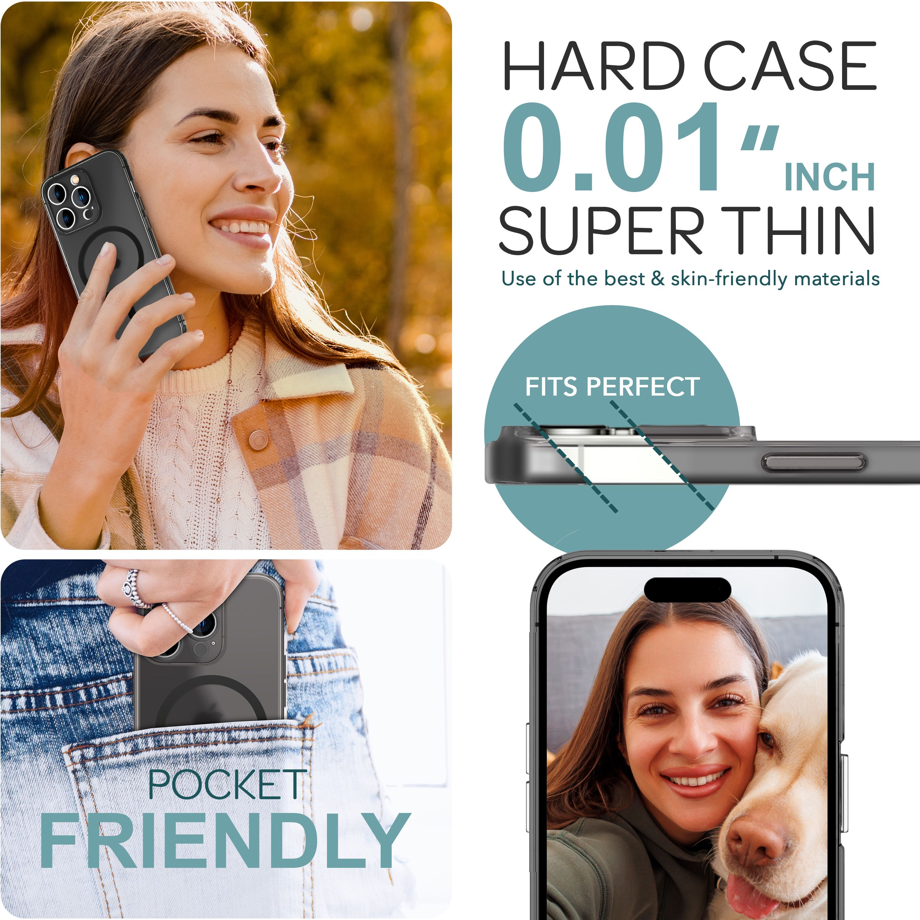 Collage zeigt ein Handy mit Hülle, das dünn und taschenfreundlich ist.