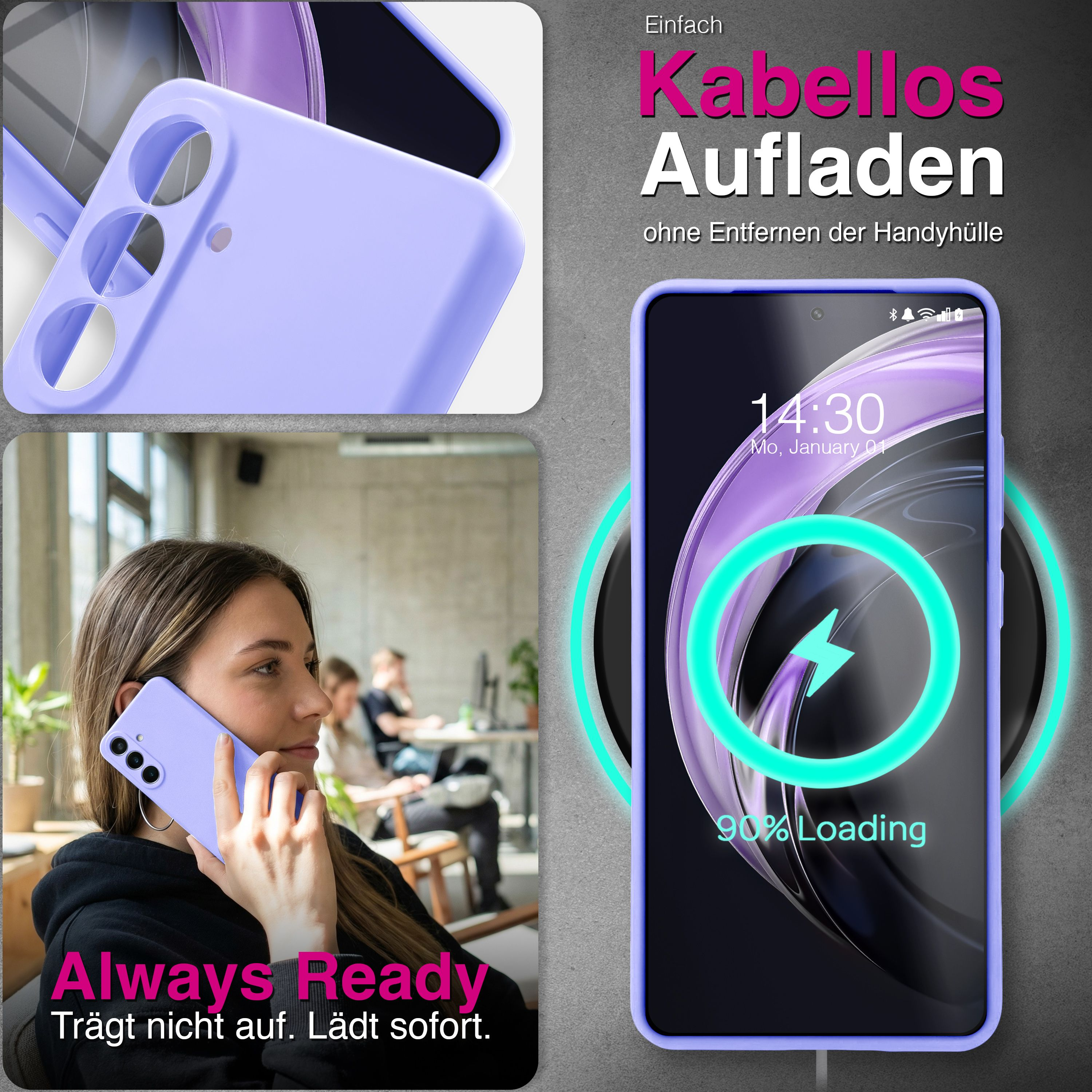 Ein lila Handycase, eine Frau telefoniert, ein Handy wird kabellos geladen.