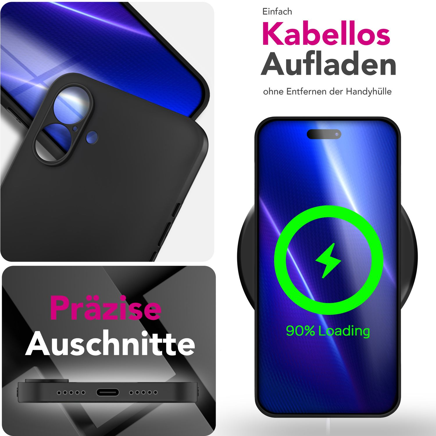 Schwarzes Handy mit Ladeanzeige und Text über kabelloses Aufladen.