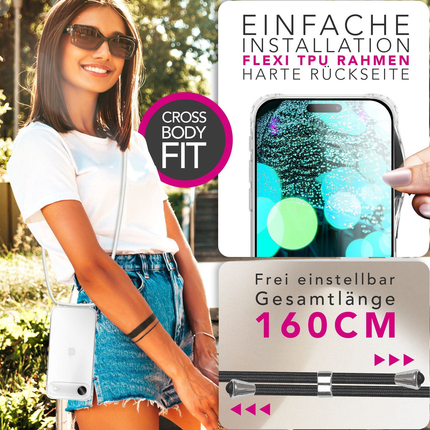 Donna con collana per telefono, lunghezza 160 cm, facile installazione.