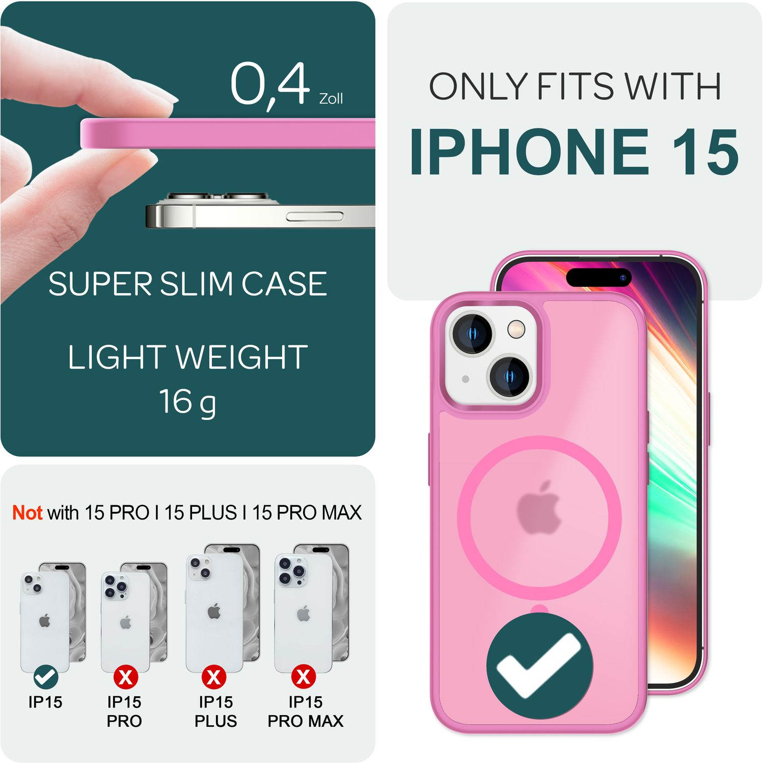 Superdünne, leichte rosafarbene Hülle für iPhone 15. Nicht für Pro-Modelle.