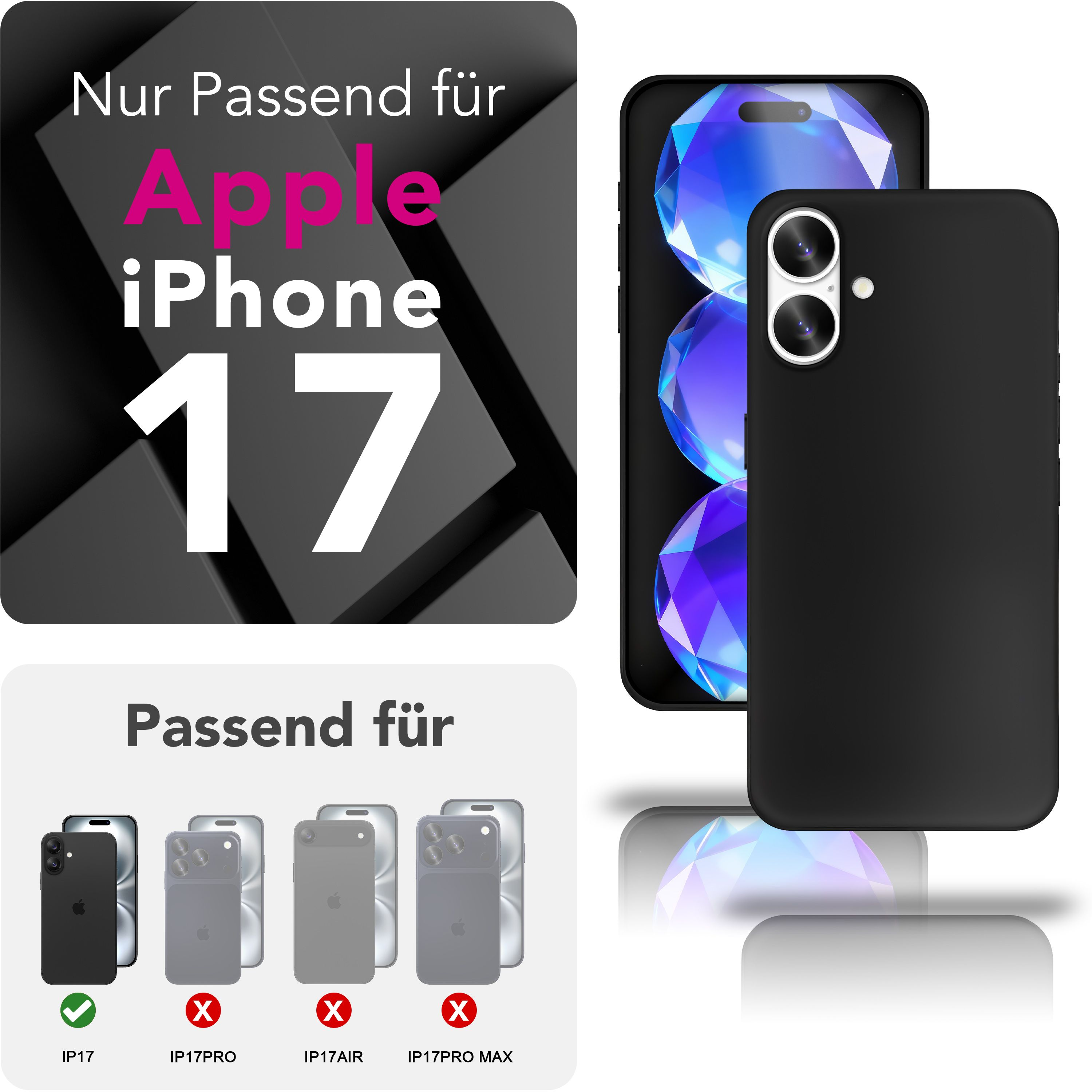 Schwarze Hülle für iPhone 17, mit Vergleich zu anderen Modellen.
