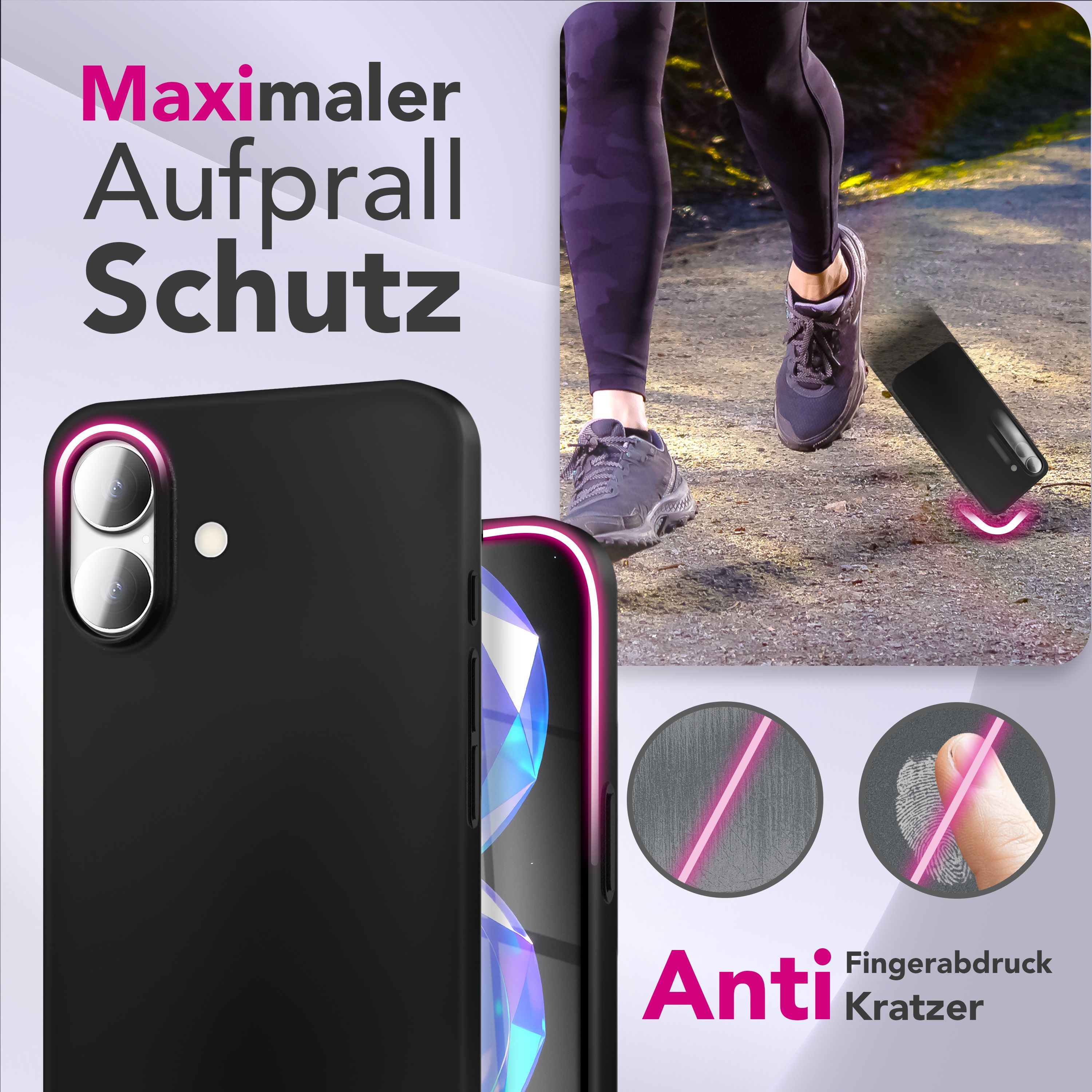 Schwarzes Handy mit Pinker Umrandung fällt auf Boden. Läuferin und Fingerabdruck.