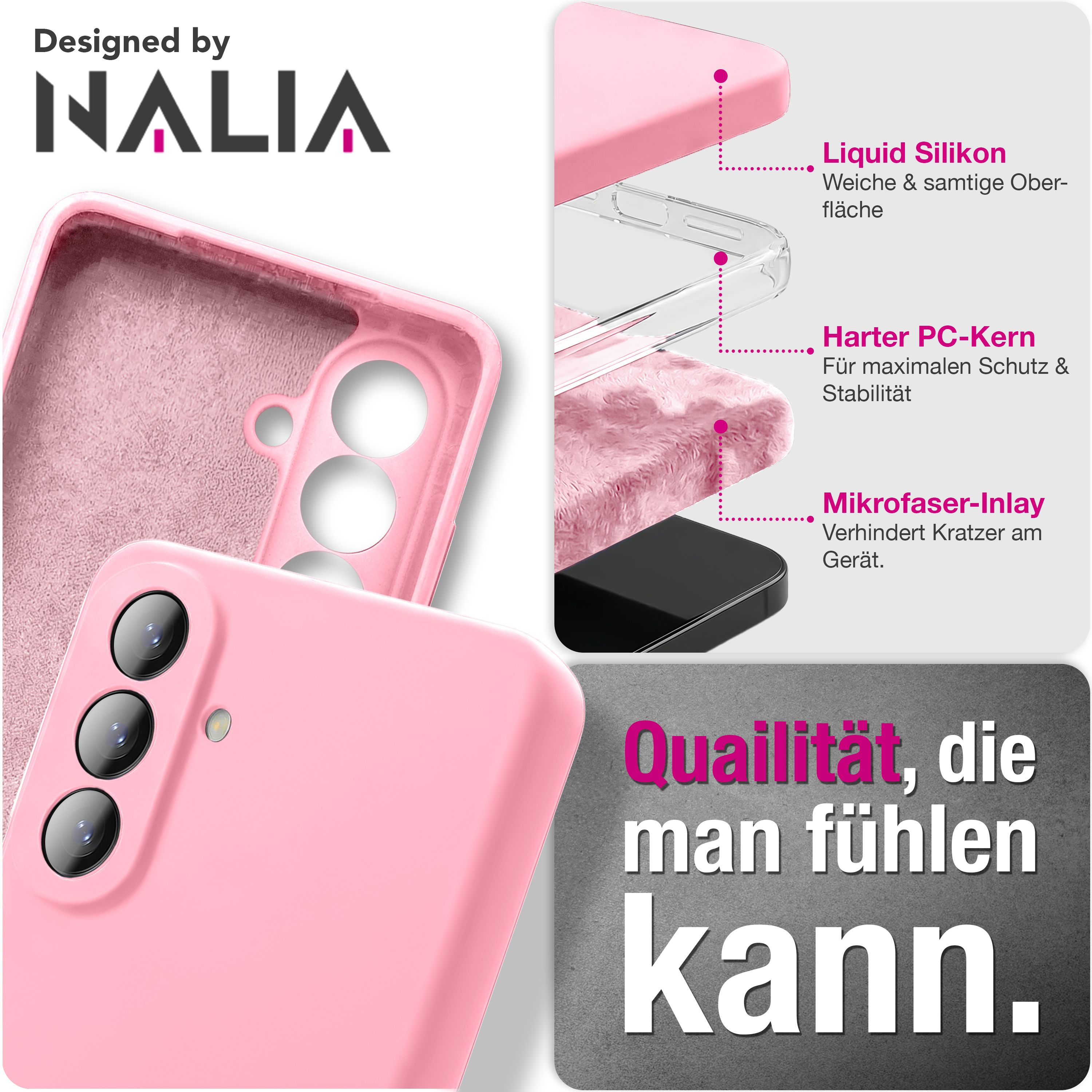 Eine rosafarbene Handyhülle mit Kameras und Text, der die Materialien beschreibt.