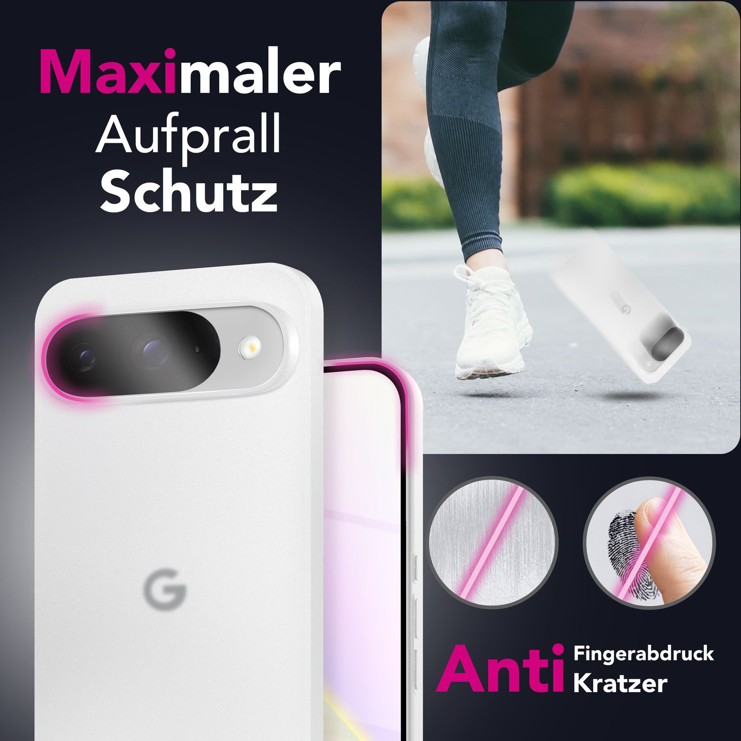 Un telefono Google Pixel bianco con bordo rosa, primo piano della fotocamera.