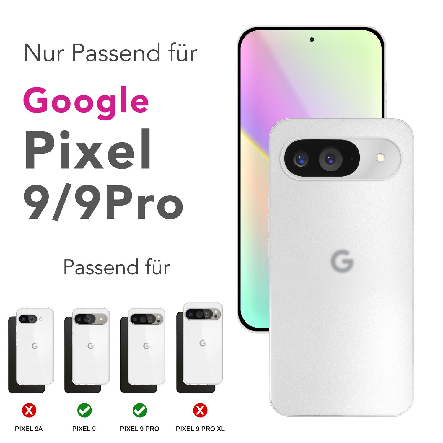 Grafica per cover Google Pixel 9/9Pro con elenco compatibilità.