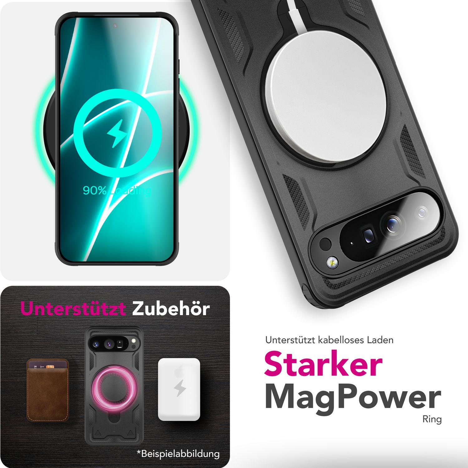 Smartphone in carica wireless. Accessori: custodia, porta carte, anello MagPower.