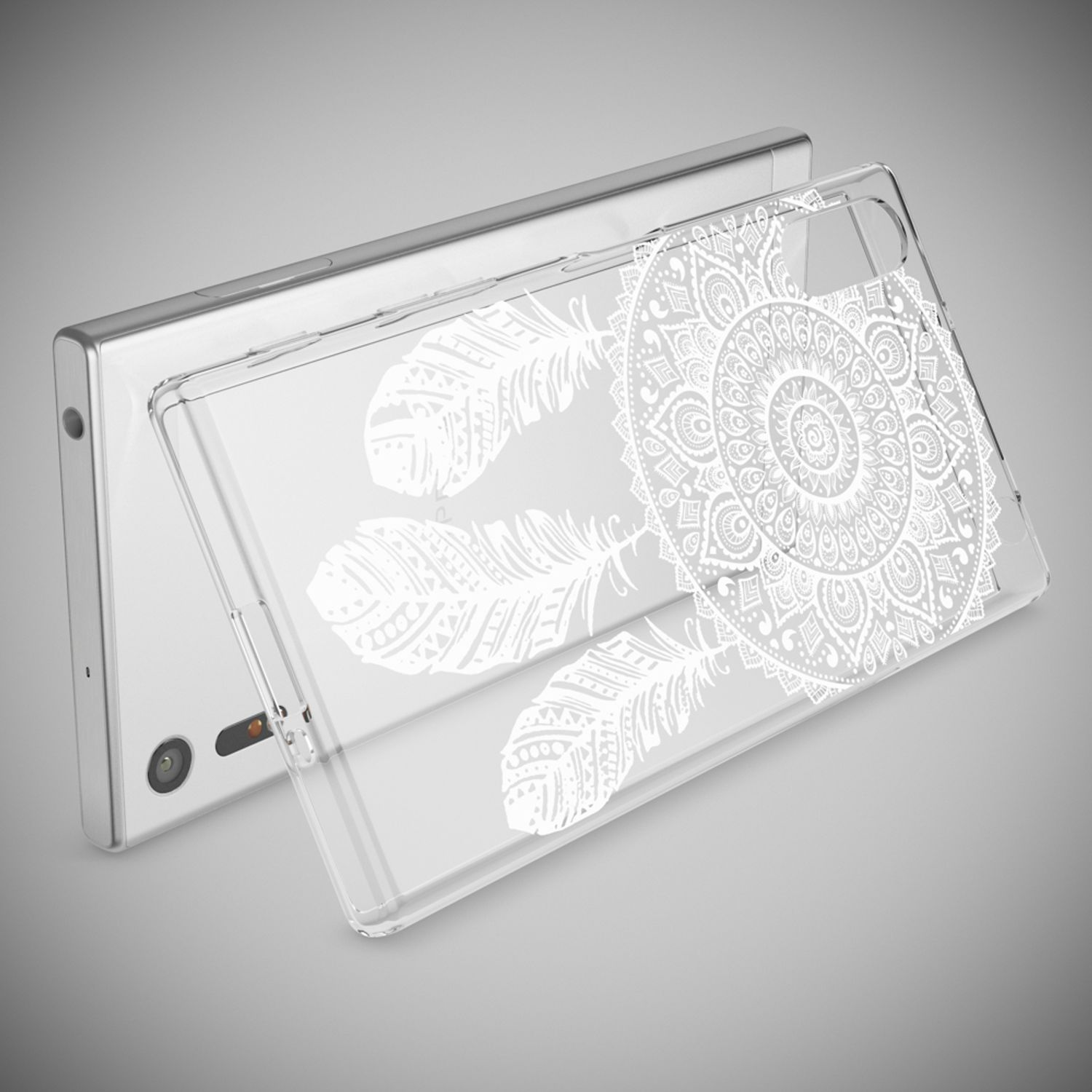 Ein durchsichtiges Handyhülle mit weißen Feder- und Mandala-Motiven.