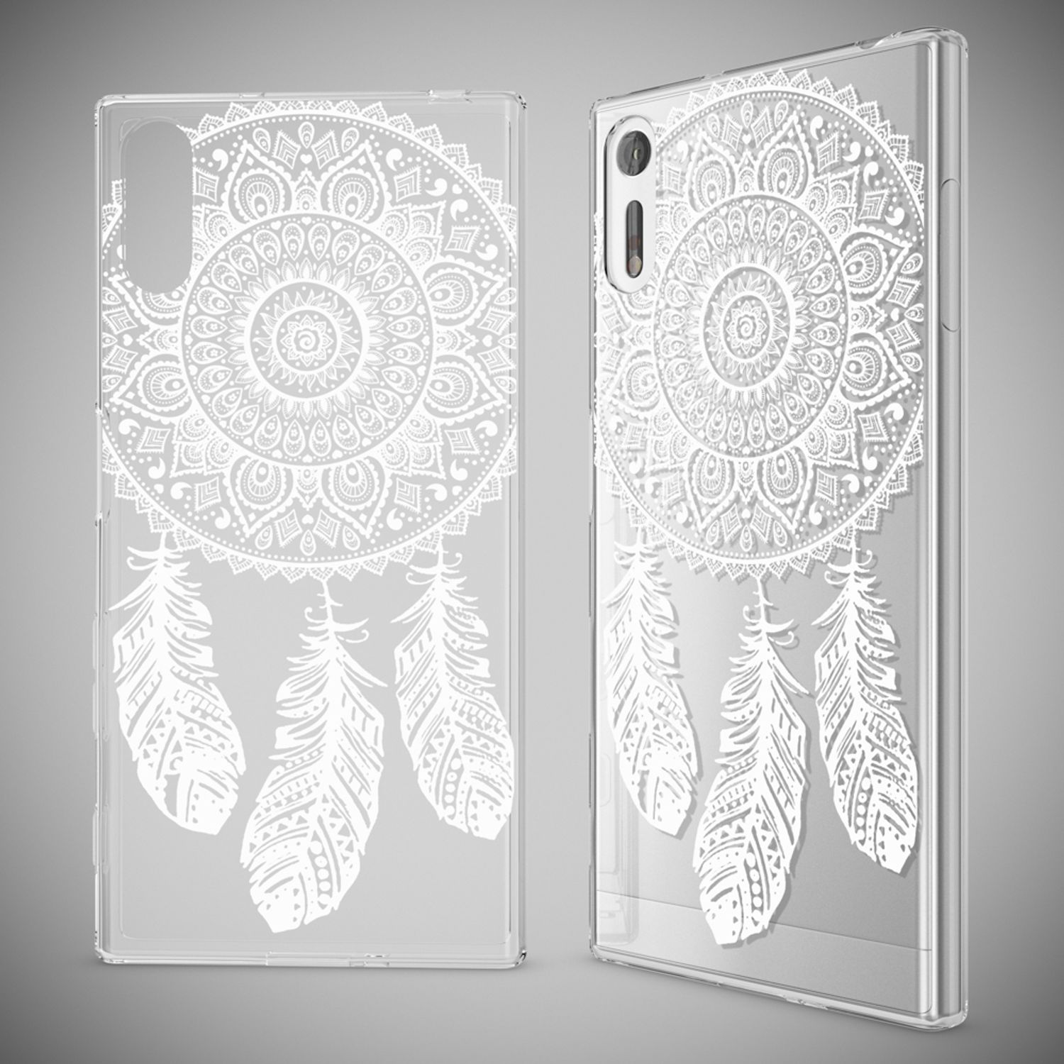 Transparente Handyhülle mit weißem Traumfänger- und Federmotiv.
