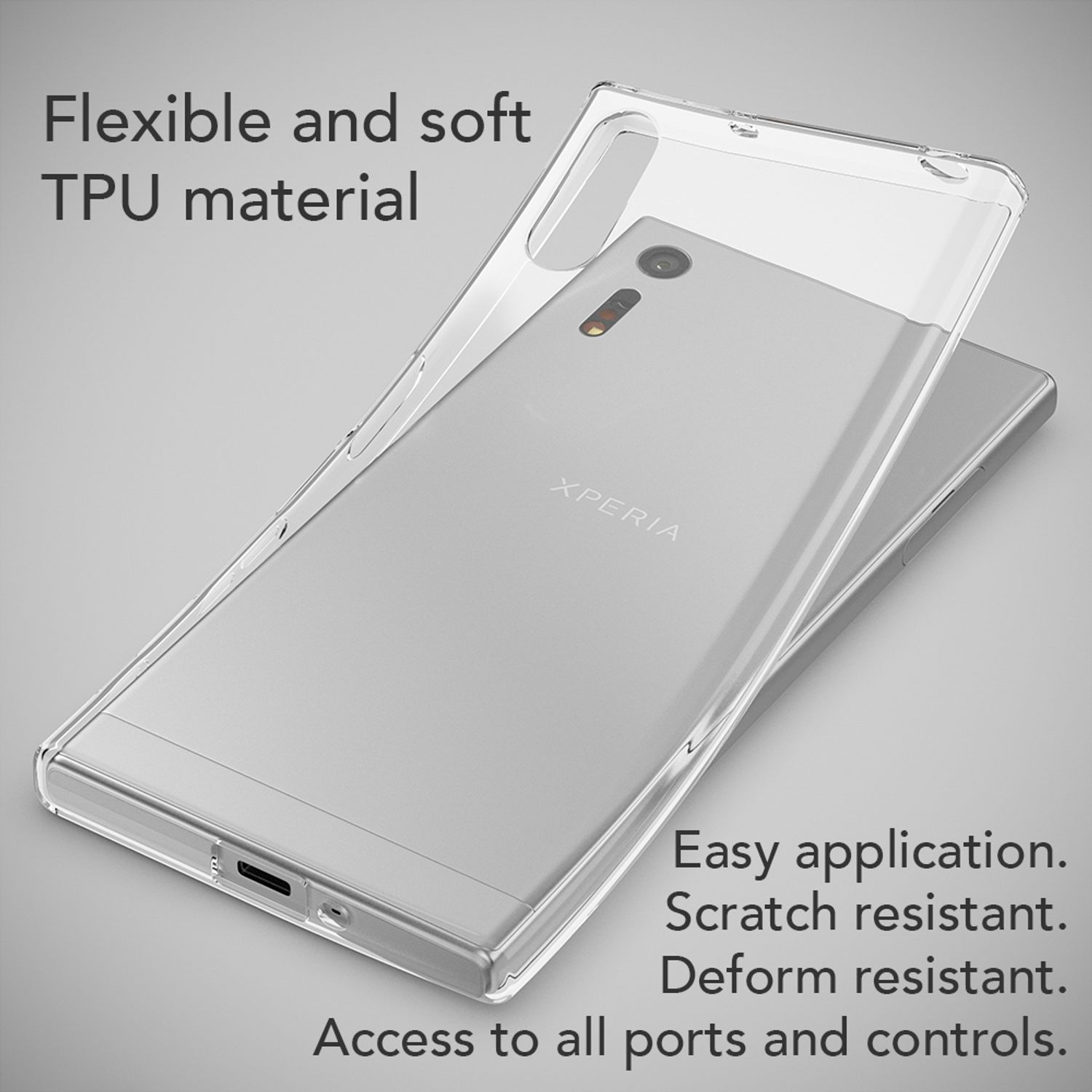 Transparente Handyhülle wird auf ein silbernes Smartphone gelegt.