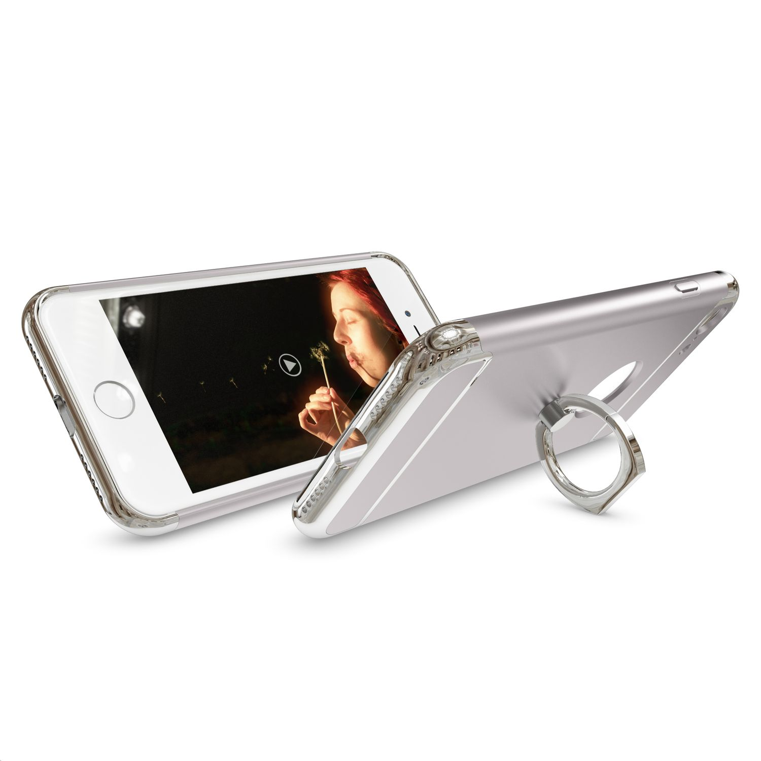 Ein silbernes Smartphone mit durchsichtigem Gehäuse und einem Ringhalter. Auf dem Bildschirm ist eine Frau zu sehen.