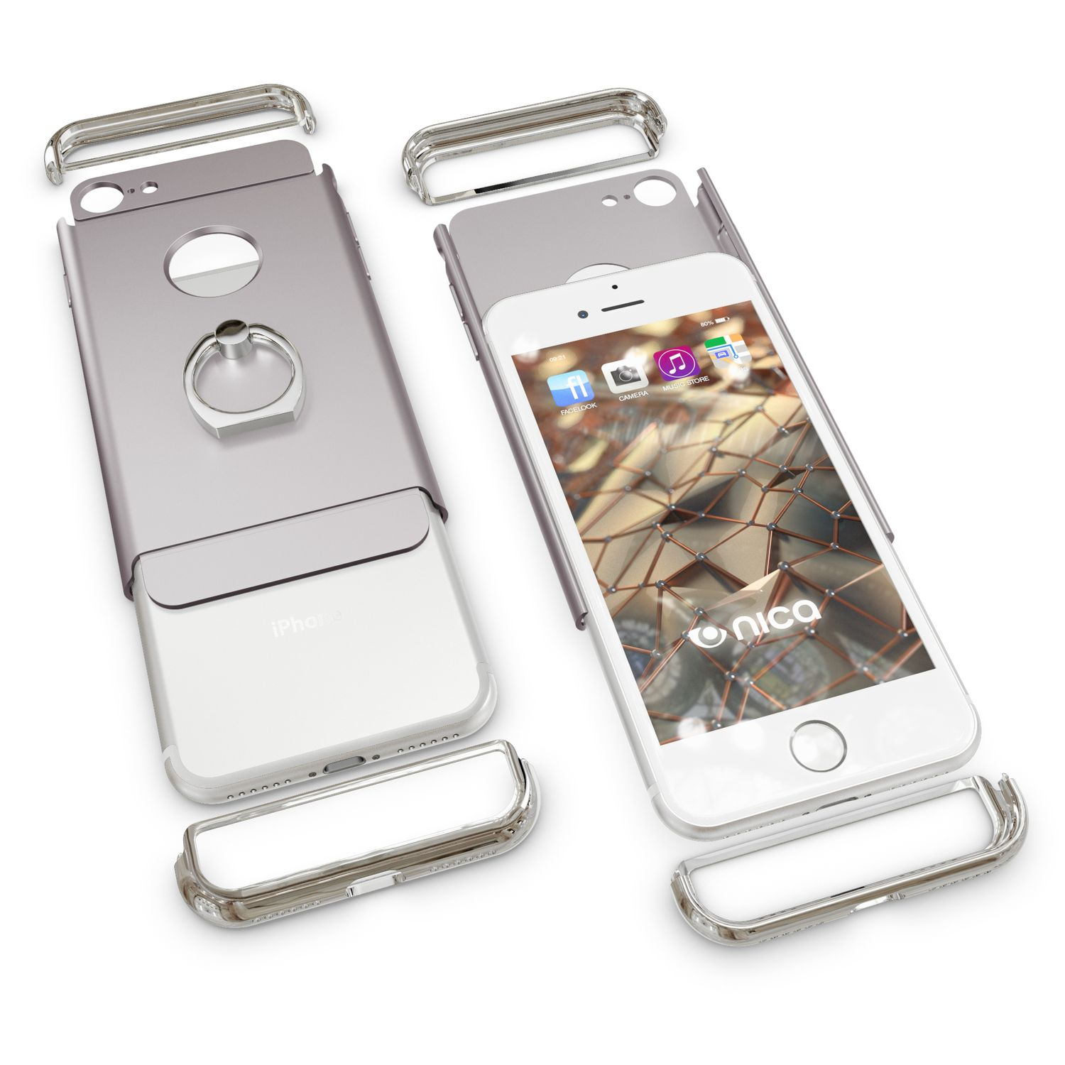 Ein silbernes iPhone-Schutzhülle-Set mit Ringhalterung liegt zerlegt auf weißem Grund.