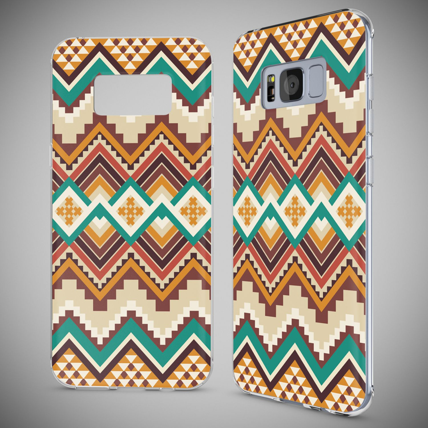 Zwei Handyhüllen mit einem geometrischen Muster in Braun, Beige, Orange und Türkis.