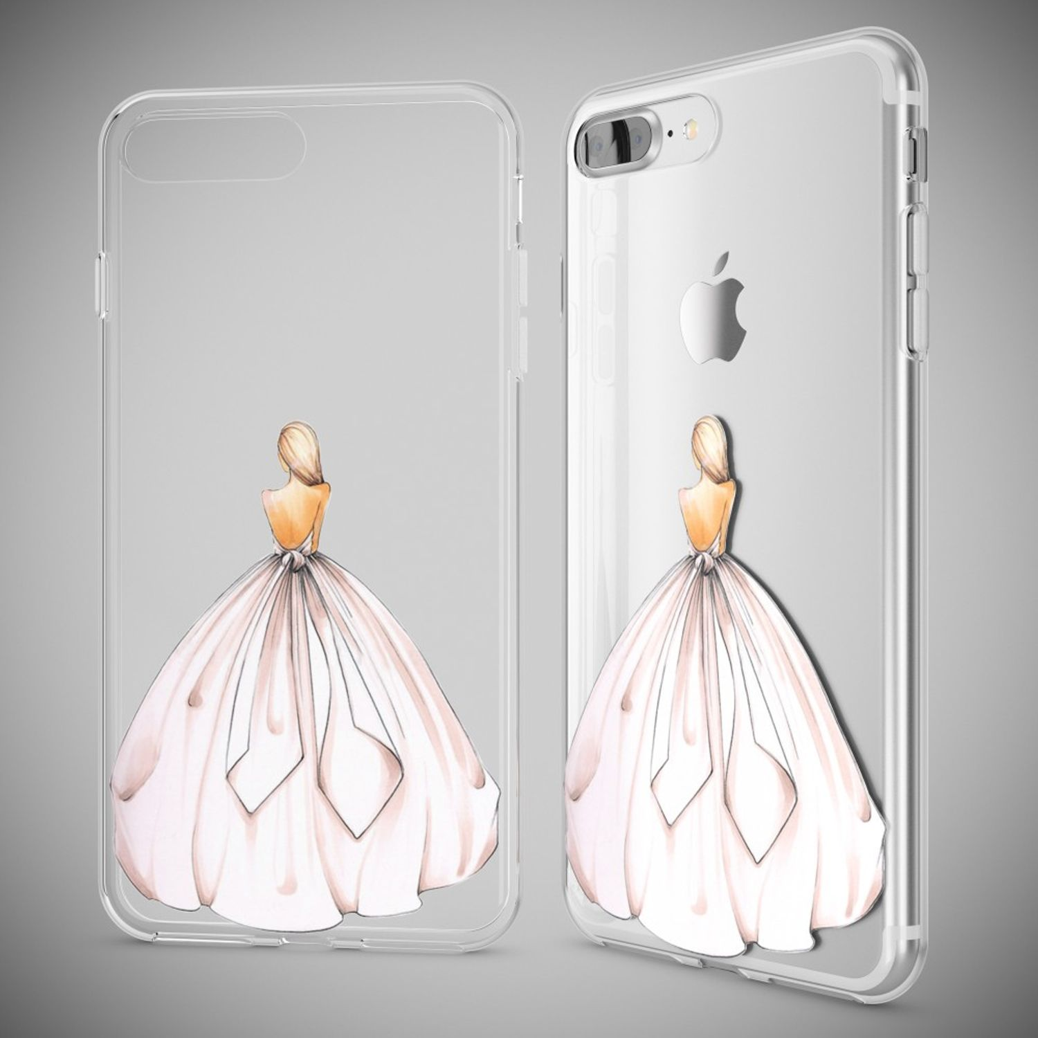 Transparente Handyhüllen mit einem Kleid-Design für eine Frau.