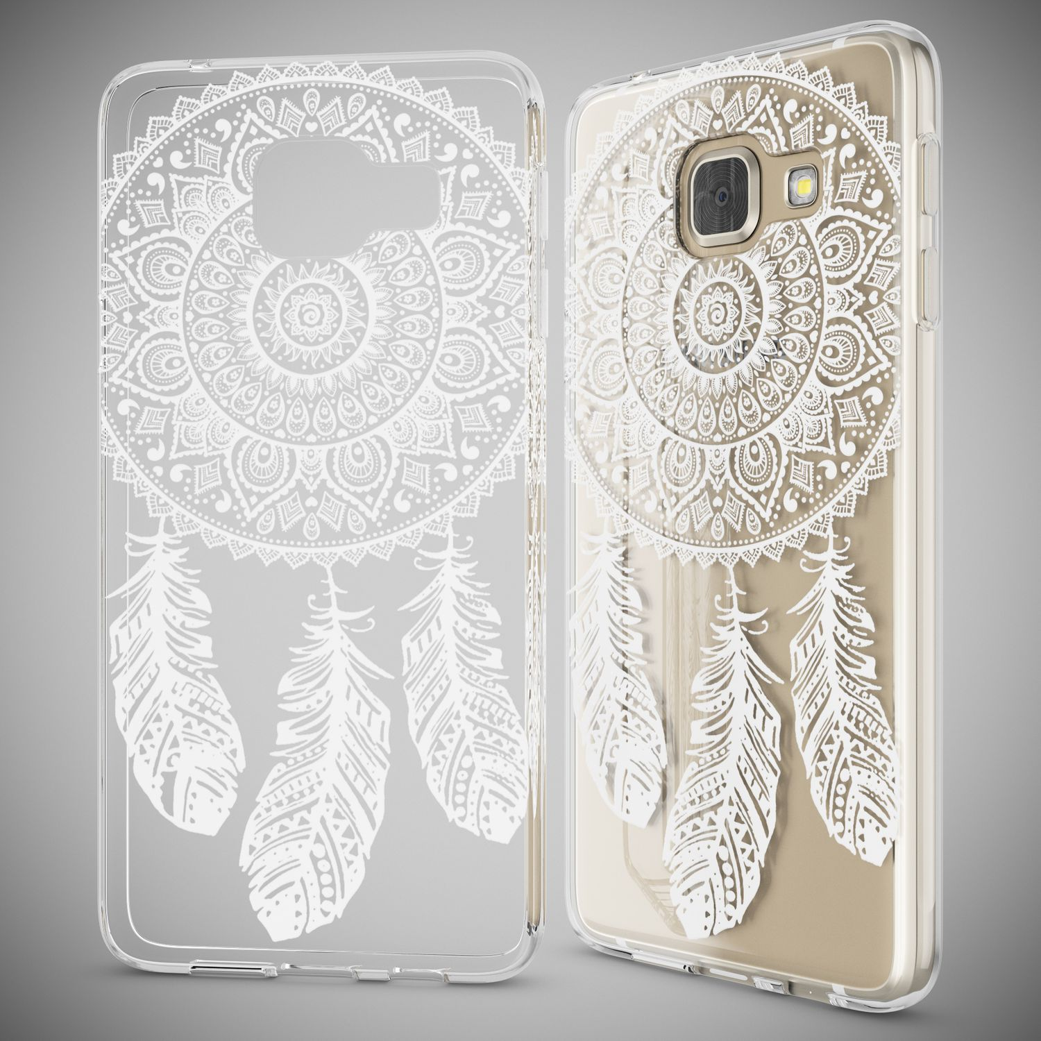 Durchsichtige Handyhülle mit weißem Feder- und Mandala-Design.