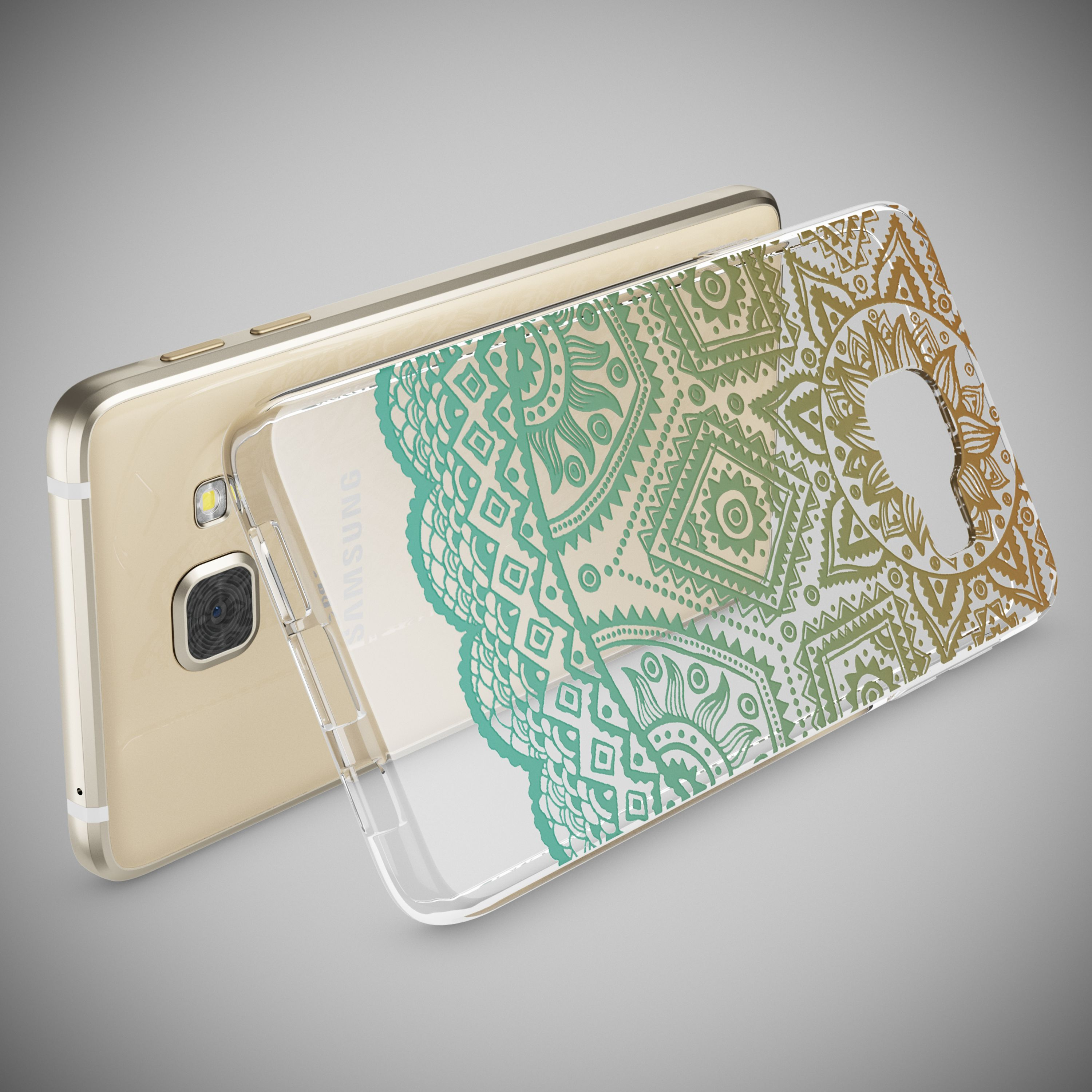 Goldenes Samsung-Telefon mit einem durchsichtigen Gehäuse mit Mandalamuster.