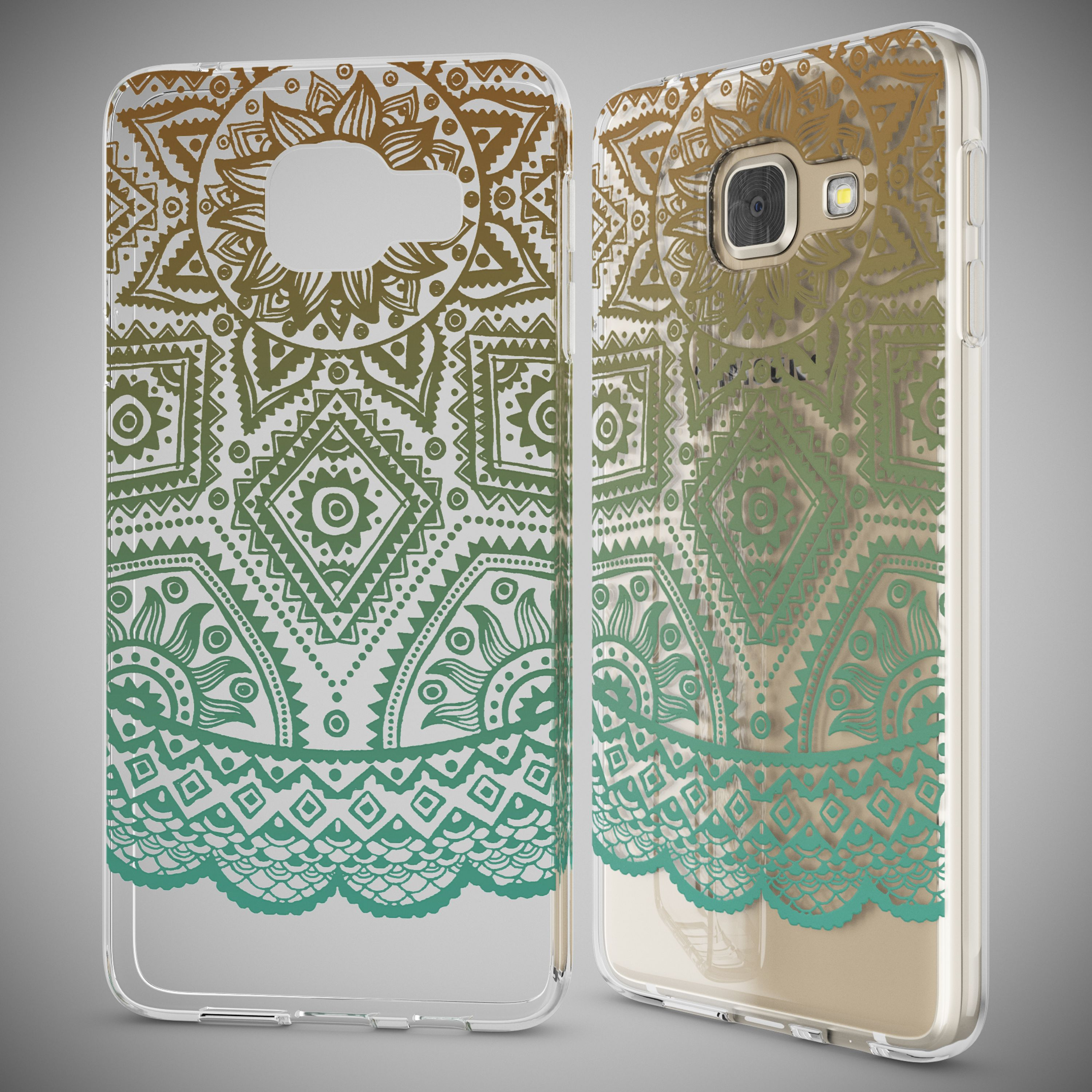 Zwei transparente Handyhüllen mit Muster in Gold und Grün.