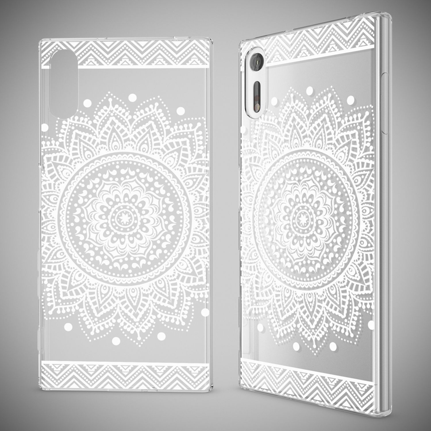 Zwei transparente Handyhüllen mit weißem Mandala-Design auf grauem Hintergrund.