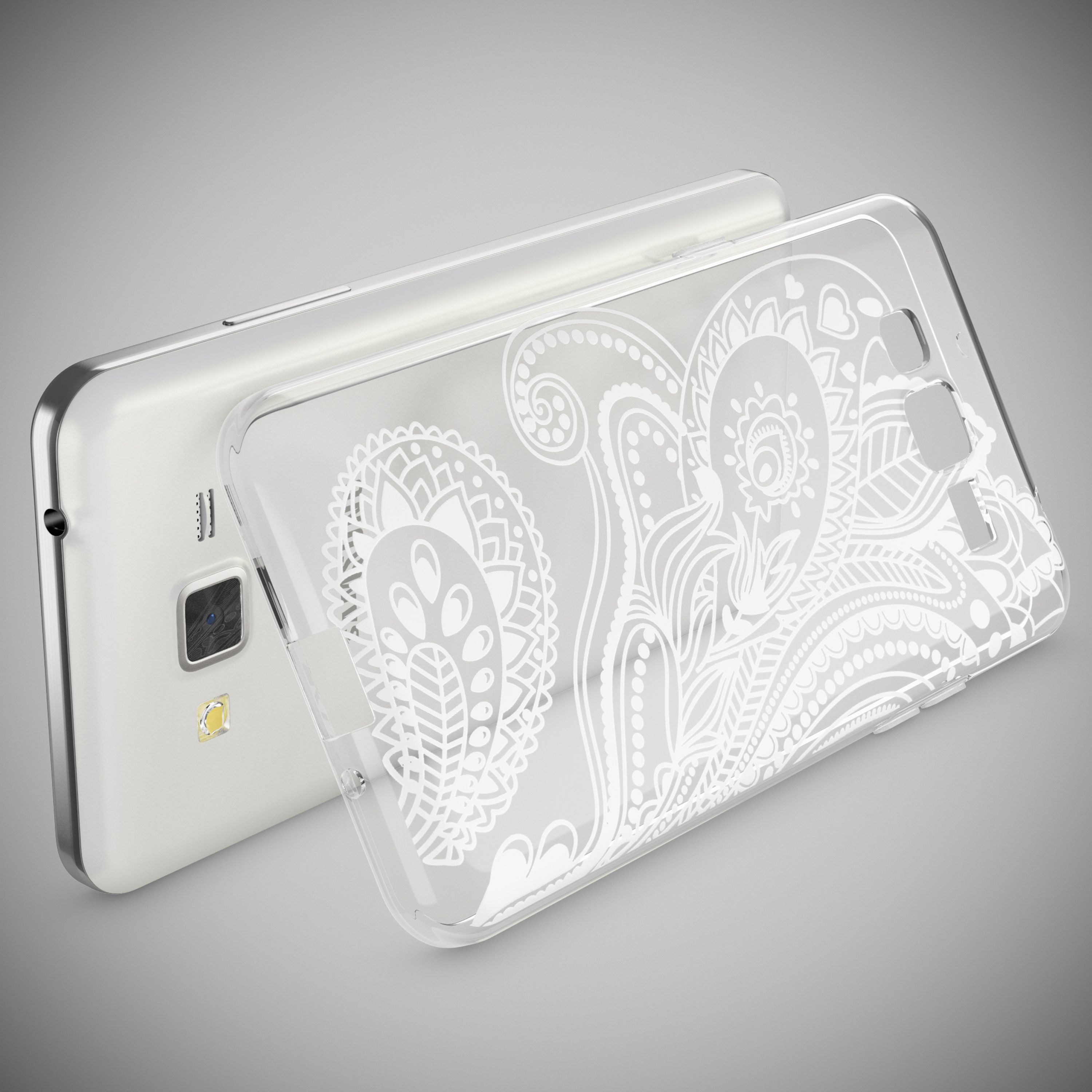 Ein transparentes Handyhülle mit weißem Muster auf einem weißen Handy.