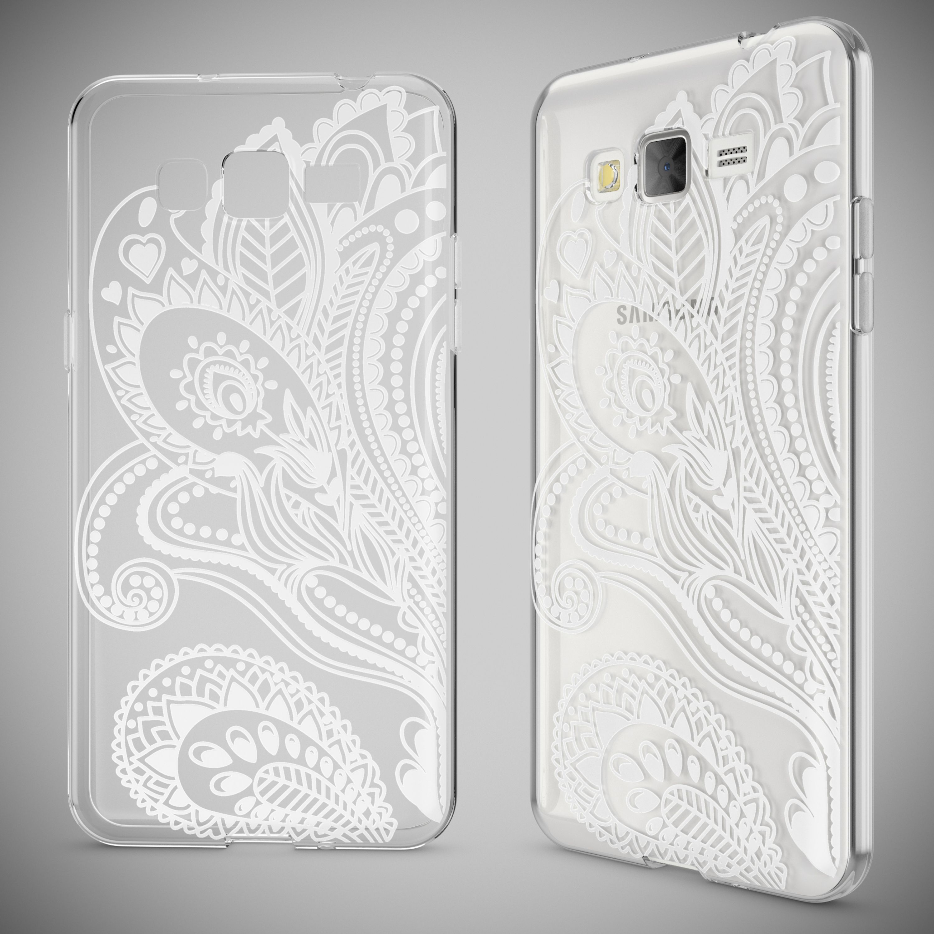 Zwei transparente Handyhüllen mit weißem Paisleymuster auf grauem Hintergrund.