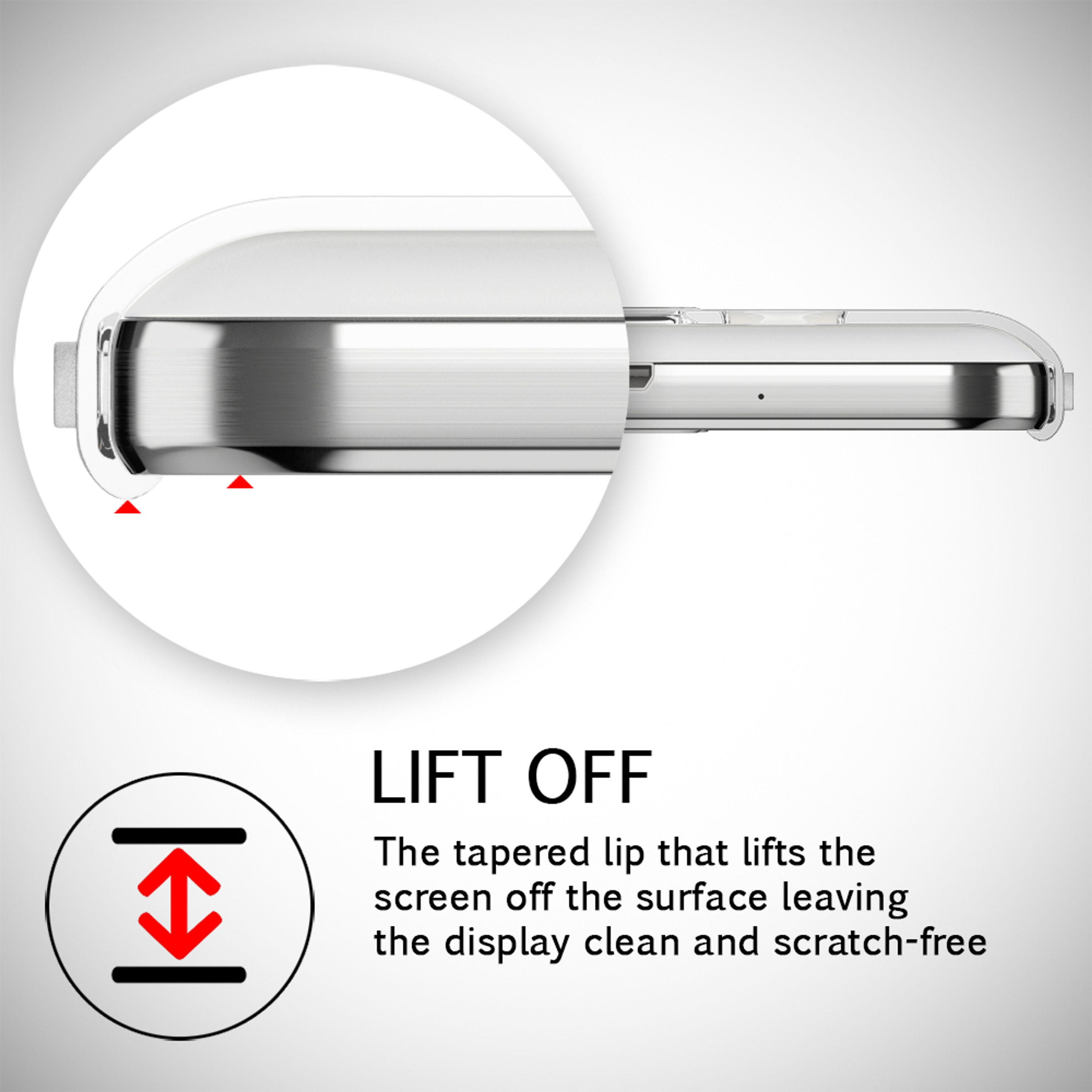 Ein abgerundeter Rand hebt den Bildschirm an, um ihn kratzfrei zu halten.