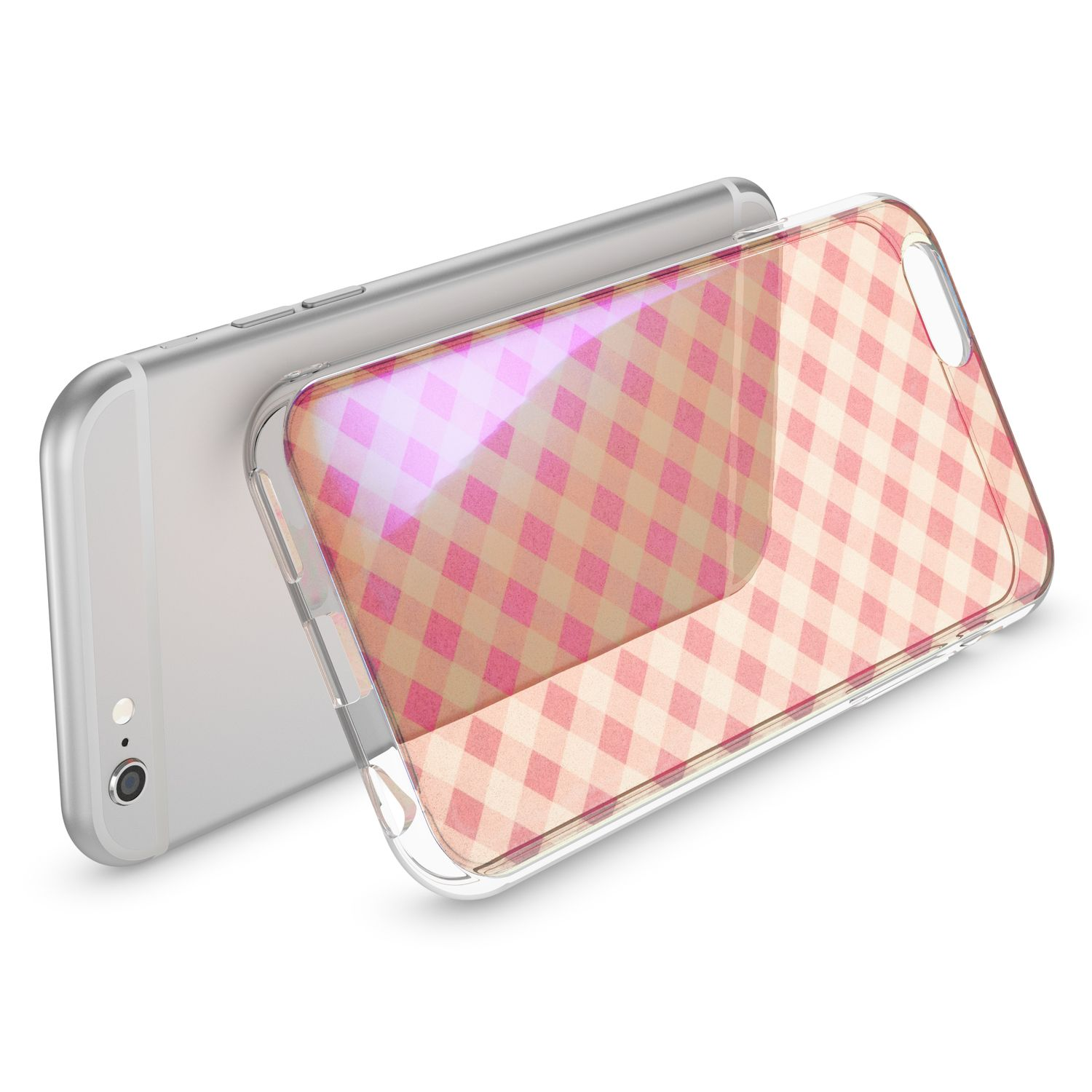 Ein silbernes Smartphone mit einer transparenten Hülle mit rosa und beigem Karomuster.