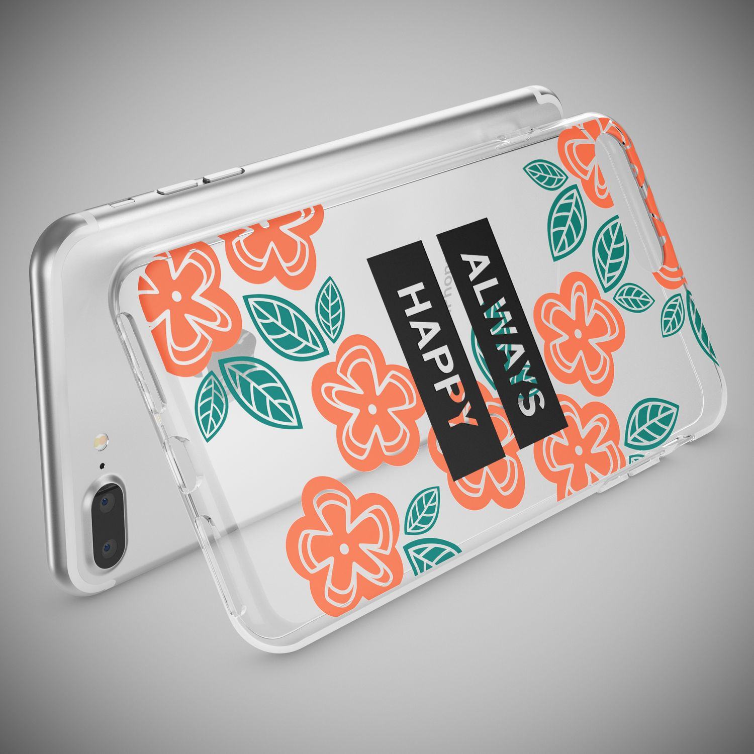 Ein transparentes Handyhülle mit orangefarbenen Blumen und grünen Blättern.