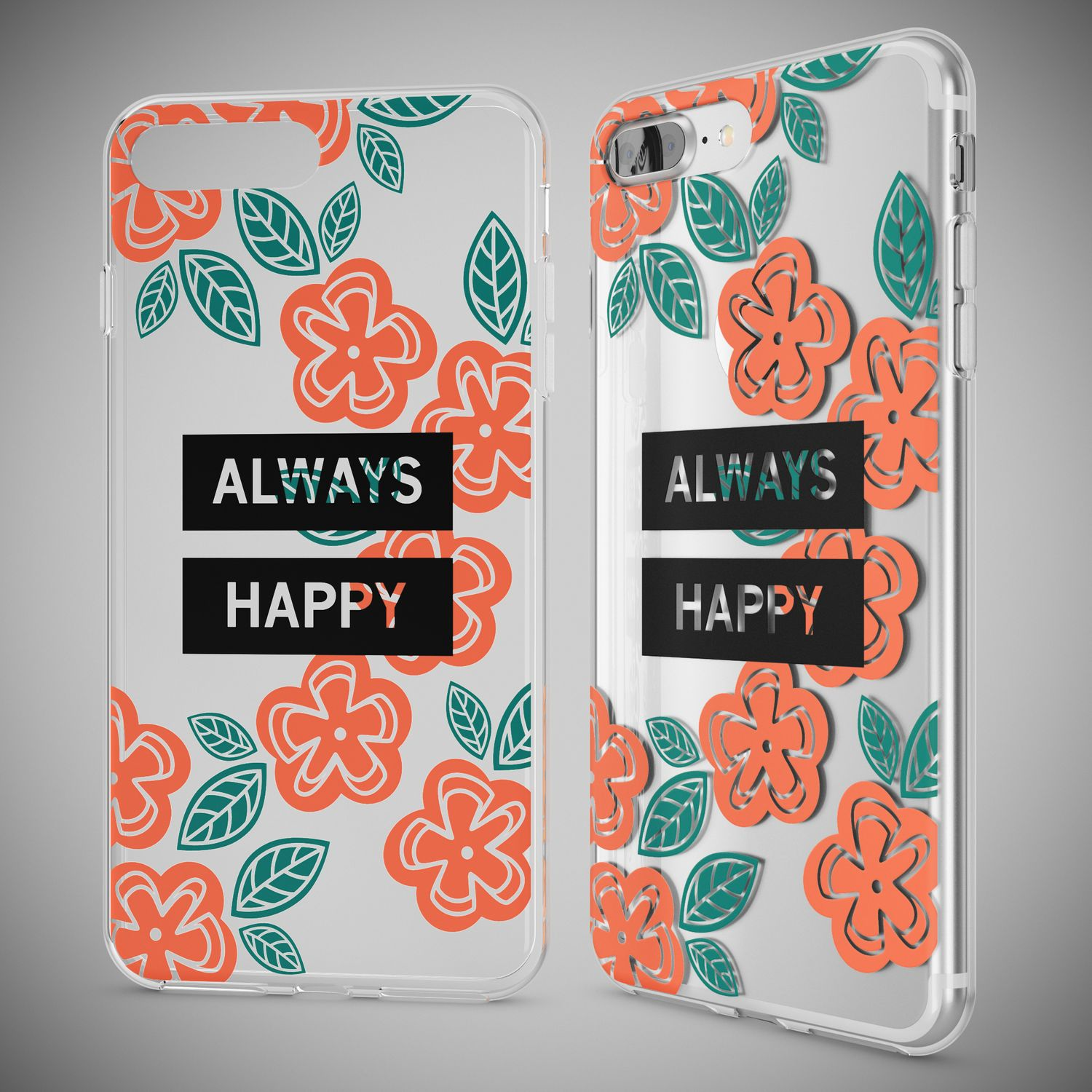 Transparente Handyhülle mit orangefarbenen Blumen und grünen Blättern.