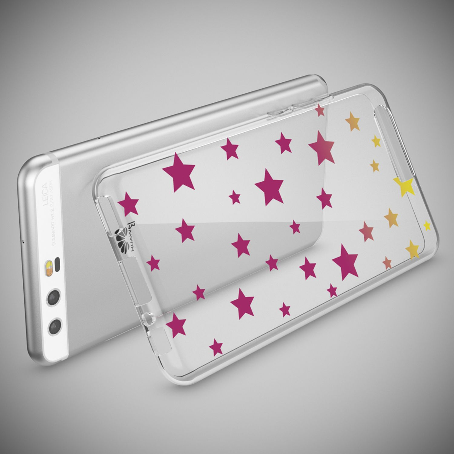 Uno smartphone argentato con custodia trasparente decorata con stelle.