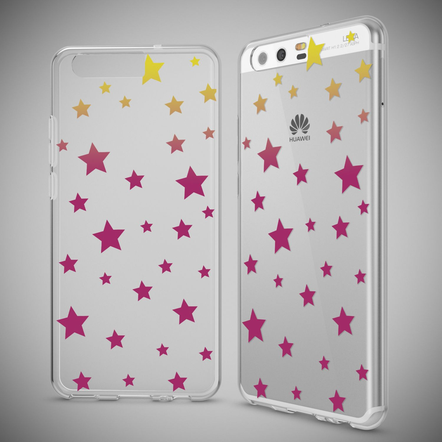 Due custodie trasparenti per telefono adornate con stelle rosa, gialle e arancioni.