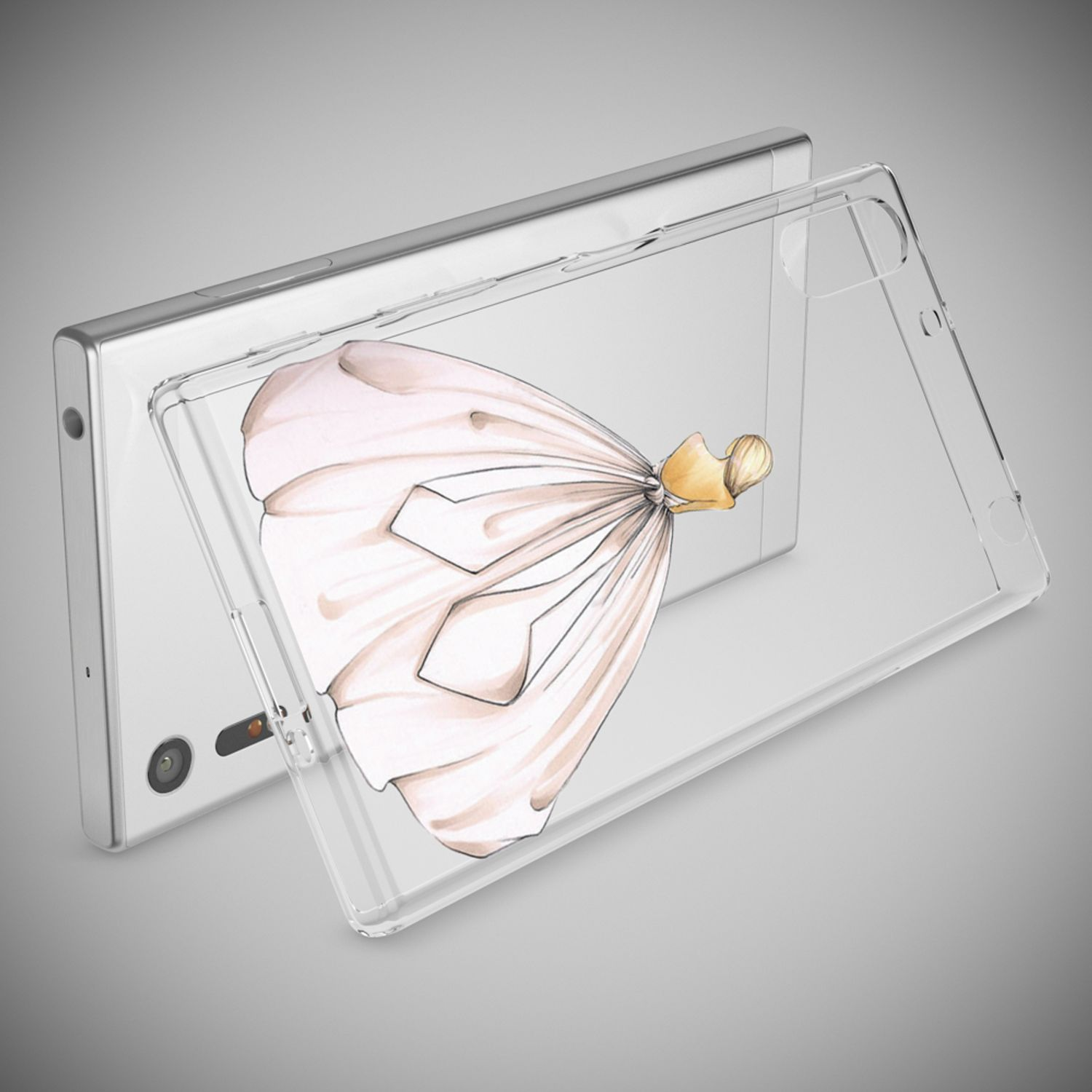 Ein Smartphone mit einer transparenten Hülle, die ein Kleidungsdesign zeigt.