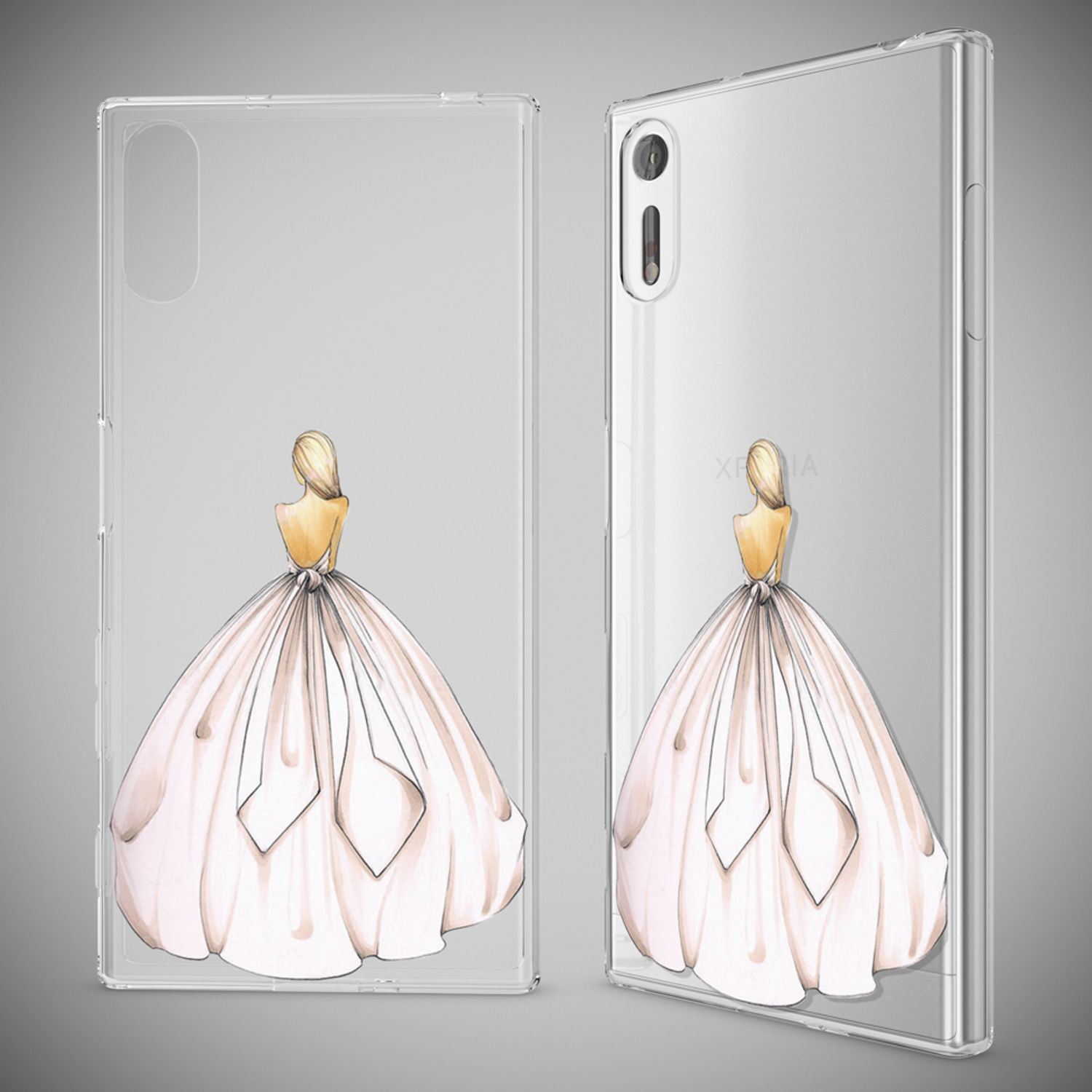 Transparente Handyhülle mit einer Zeichnung einer Frau in einem Ballkleid.