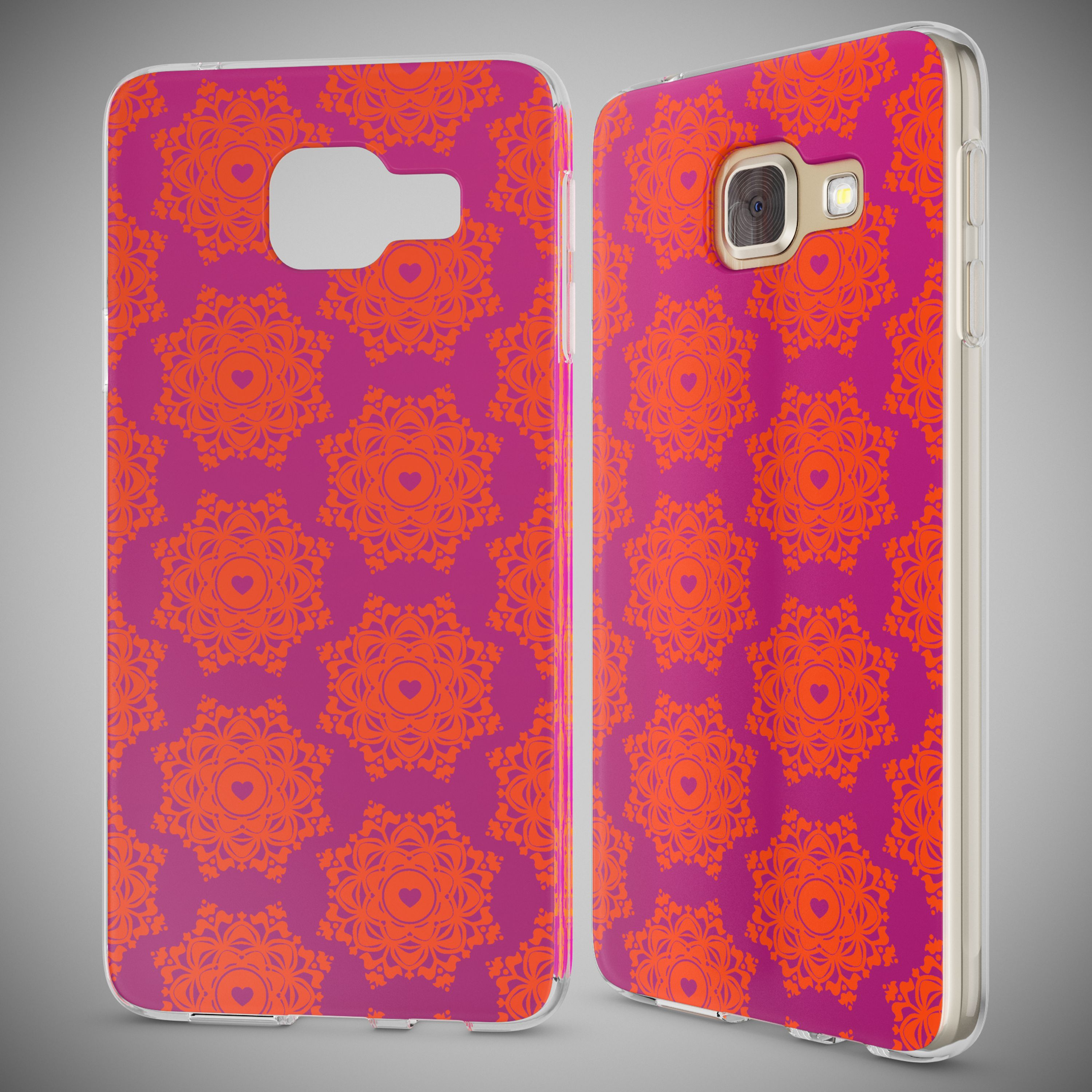 Lila Handyhülle mit orangefarbenem Mandala-Muster und Herz.