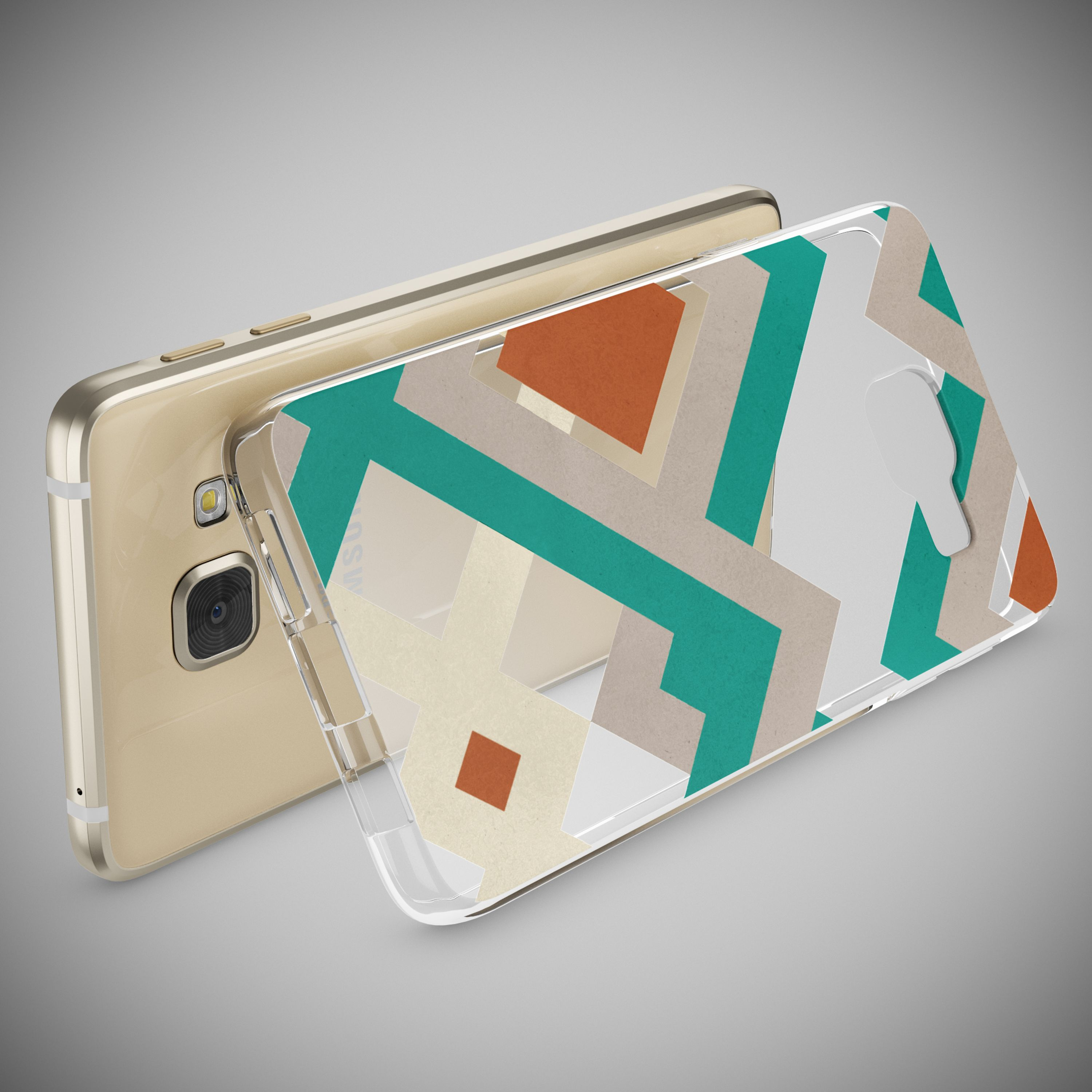 Goldfarbenes Smartphone mit durchsichtiger Hülle mit geometrischem Muster.