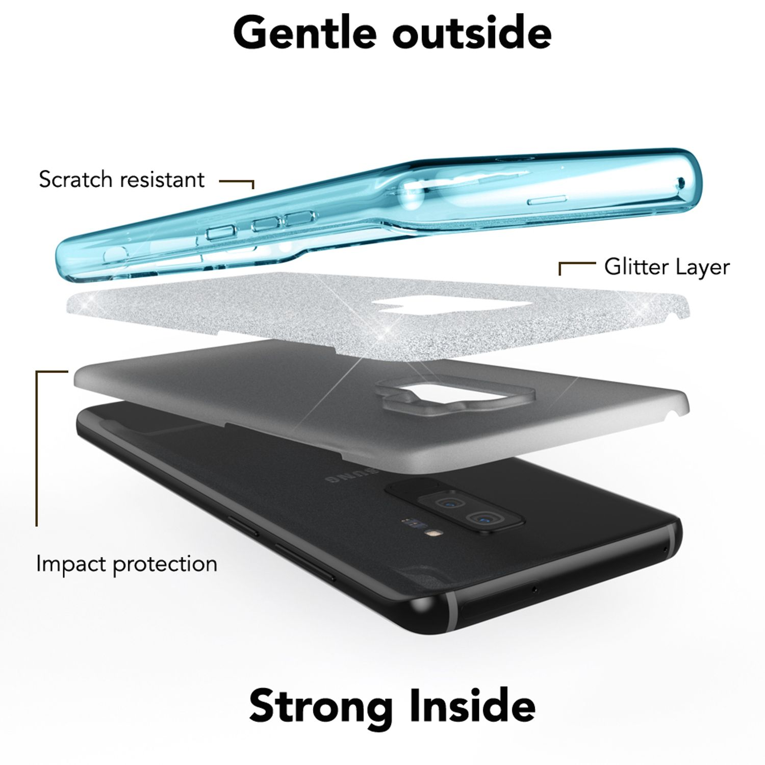 Vista esplosa di cover per telefono: antigraffio, strato glitter, protezione.