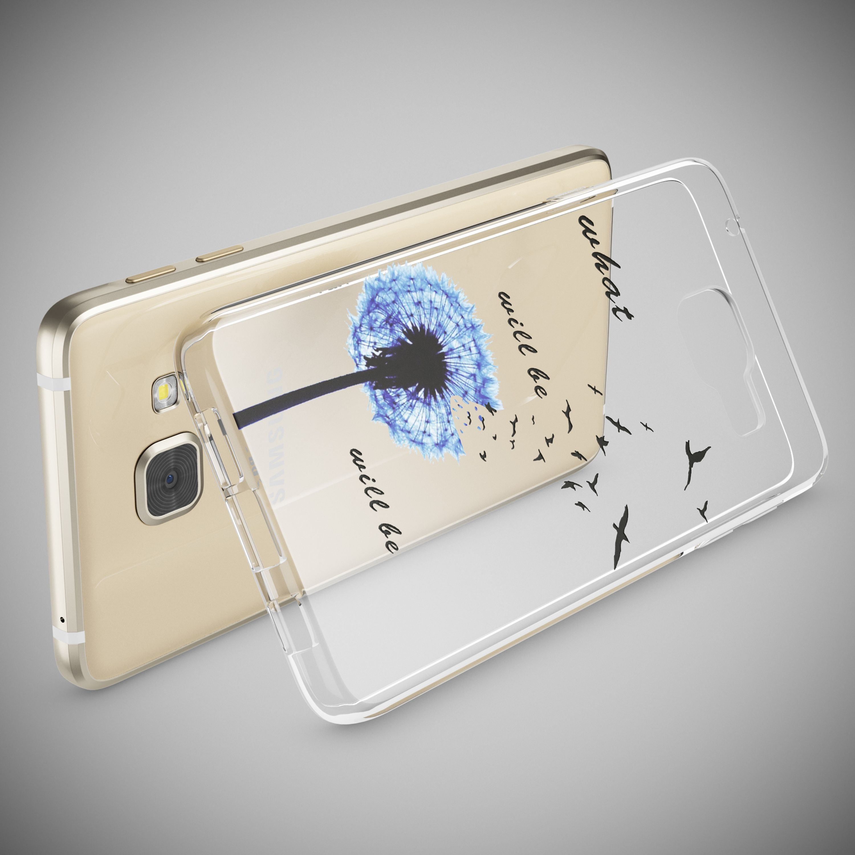 Goldenes Samsung-Handy mit durchsichtiger Hülle, bedruckt mit blauer Pusteblume und Vögeln.