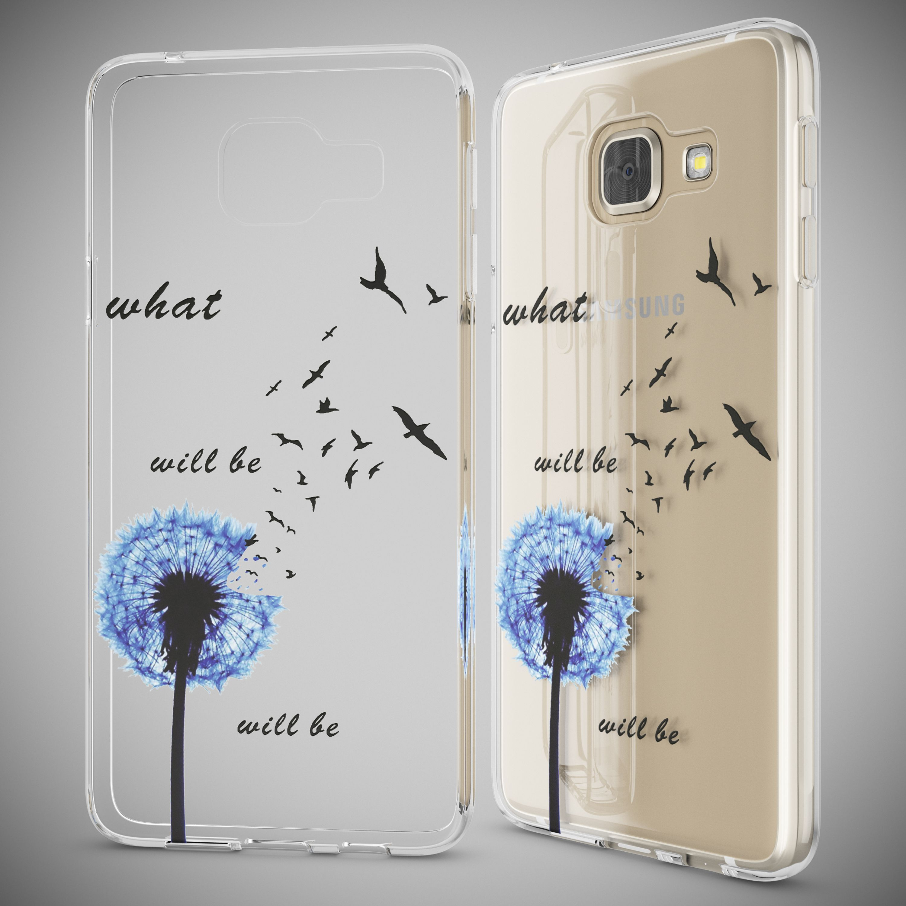 Handyhülle mit blauem Löwenzahn und fliegenden Vögeln, Schriftzug "what will be".