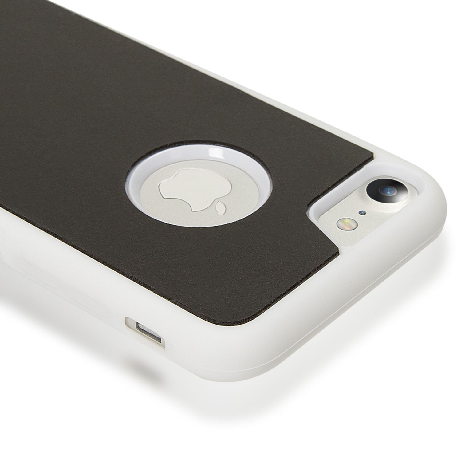Ein weißes iPhone-Gehäuse mit schwarzer Rückseite und Kameraausschnitt.