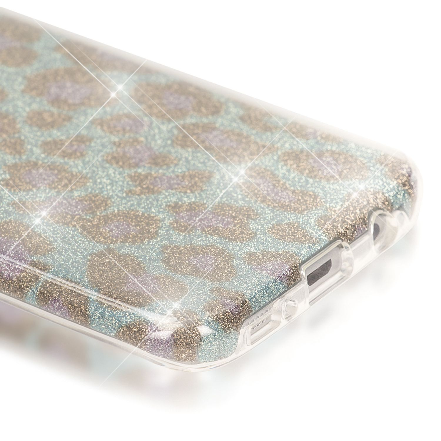 Transparente Handyhülle mit Leopardenmuster und Glitzer in Blau- und Lilatönen.