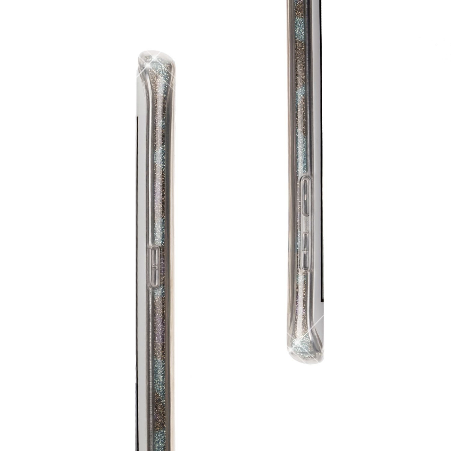 Zwei Handyhüllen mit Glitzer in Silber- und Blautönen auf weißem Hintergrund.