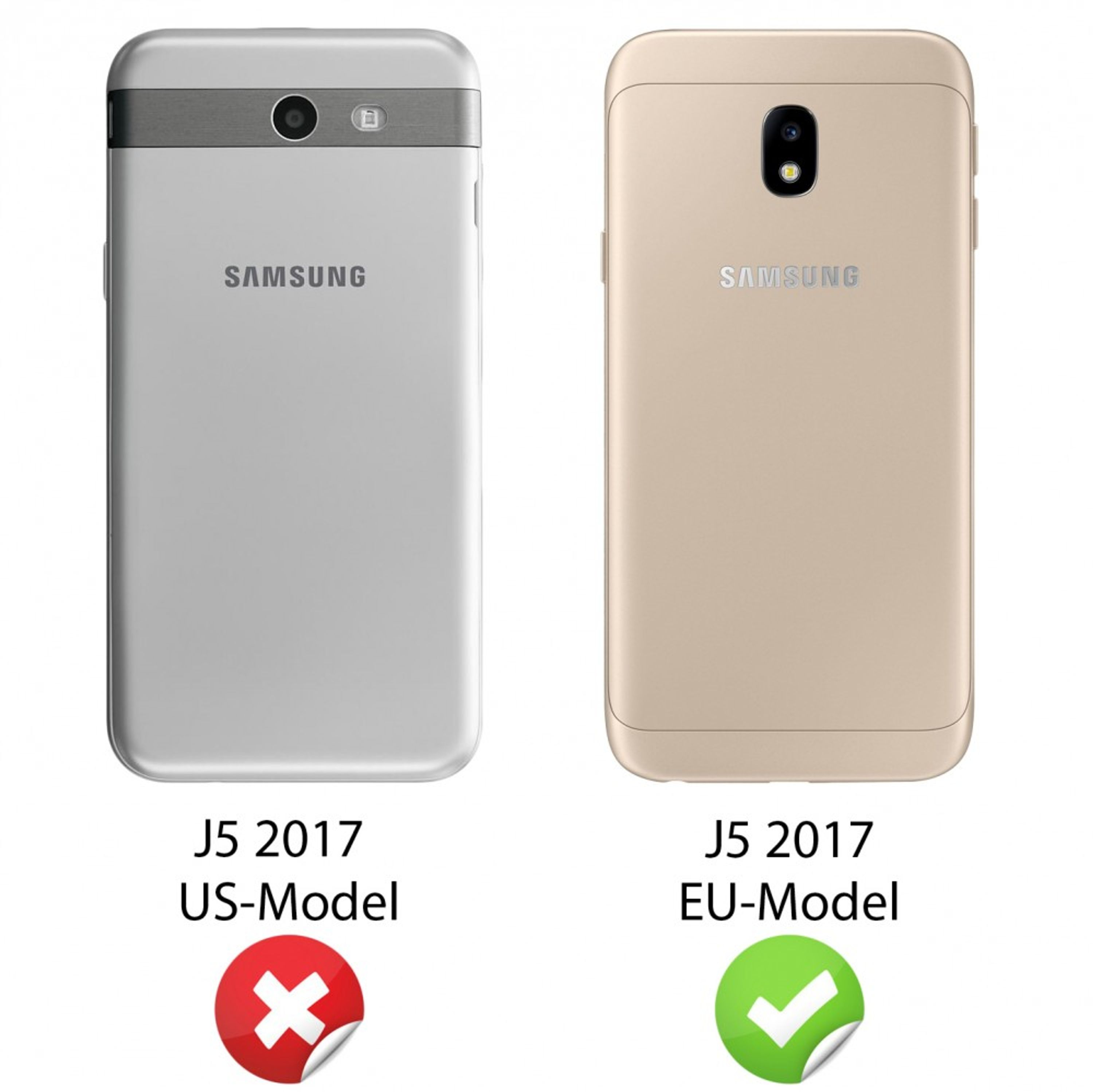 Zwei Samsung J5 2017 Smartphones, ein silbernes US-Modell und ein goldenes EU-Modell.