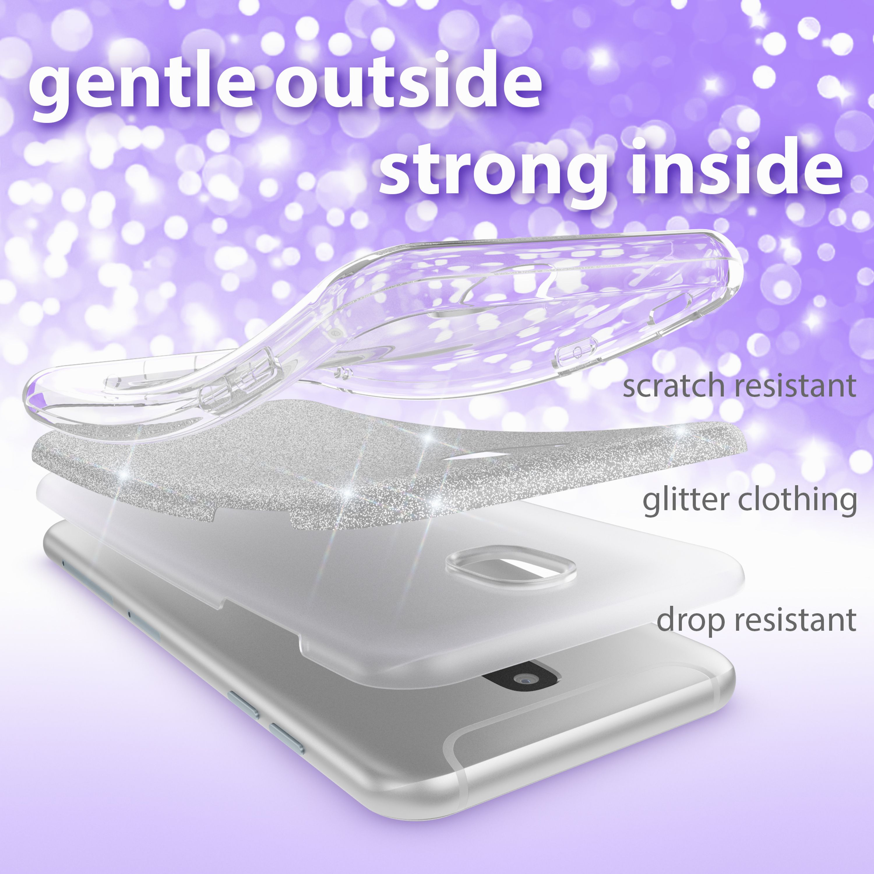 Transparente Hülle mit Glitzer auf einem Handy, lila Hintergrund.