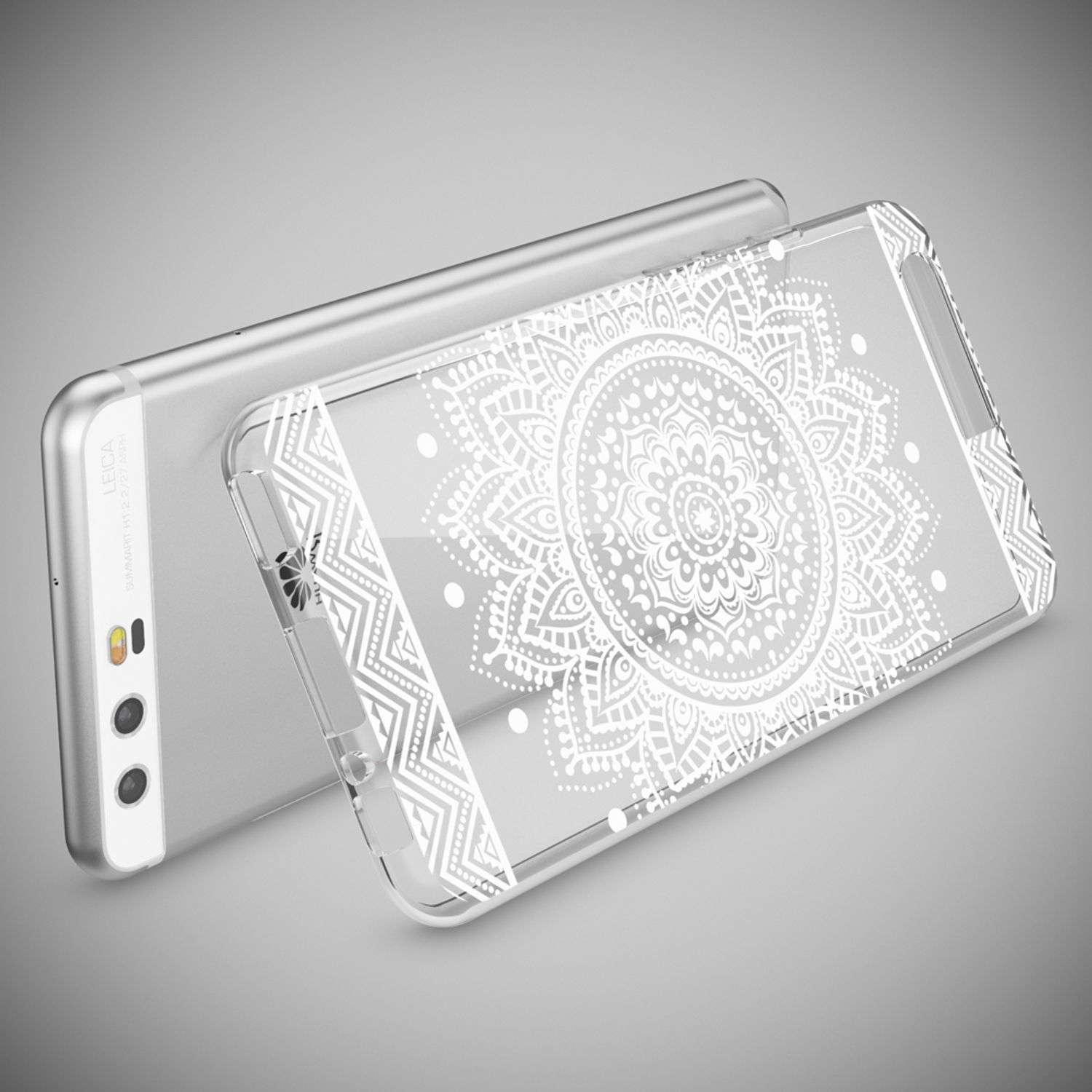 Ein silbernes Smartphone mit einer durchsichtigen Hülle mit weißem Mandala-Muster.