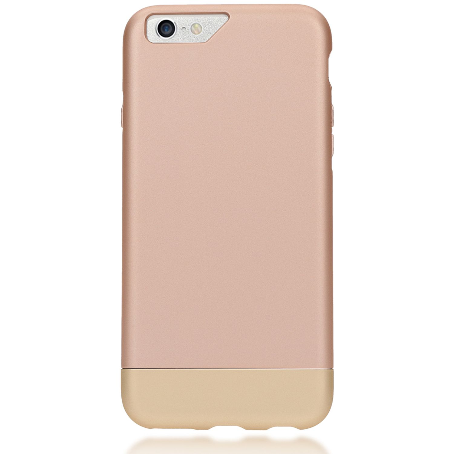 Roségoldenes iPhone-Etui mit goldenem Akzent unten, zeigt Kameralinse.