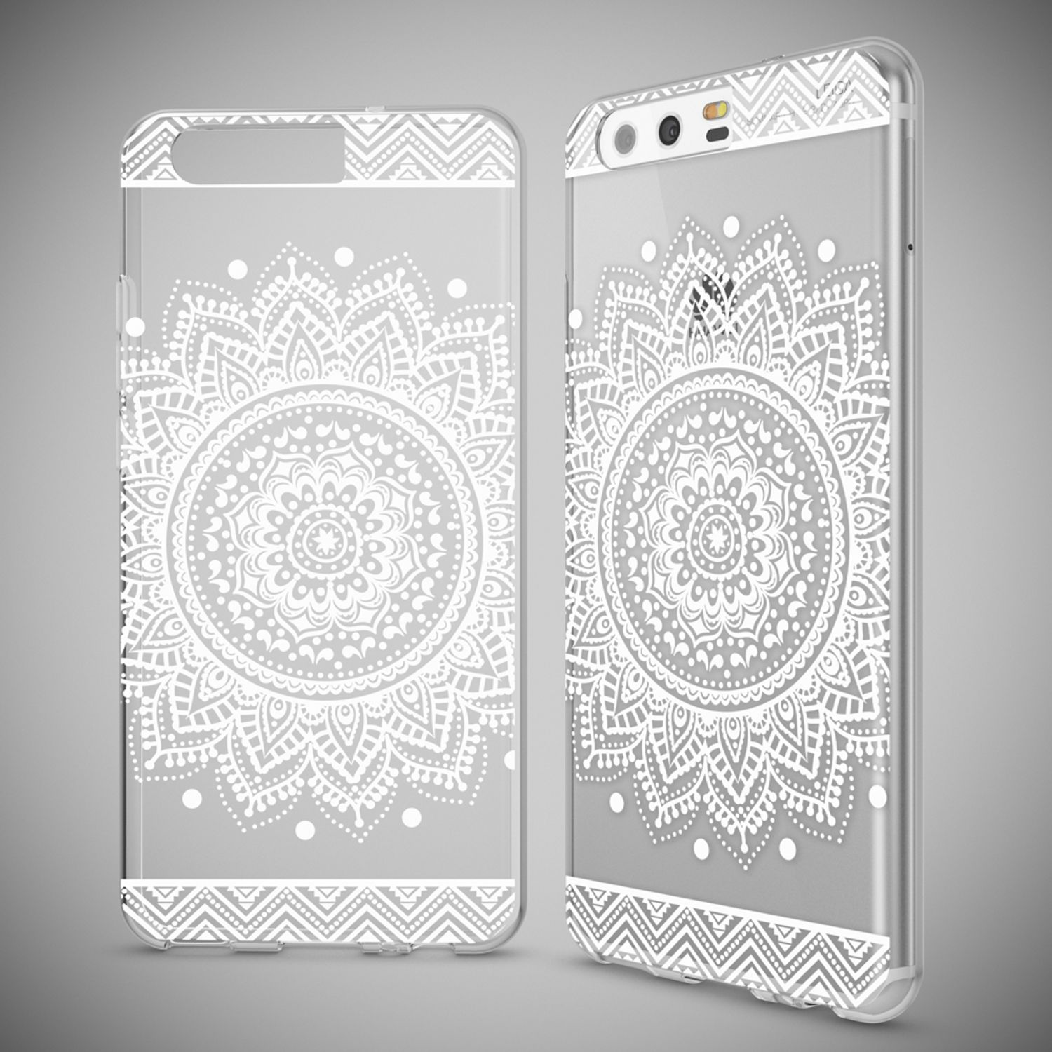 Zwei durchsichtige Handyhüllen mit weißem Mandala-Muster und geometrischen Borten.