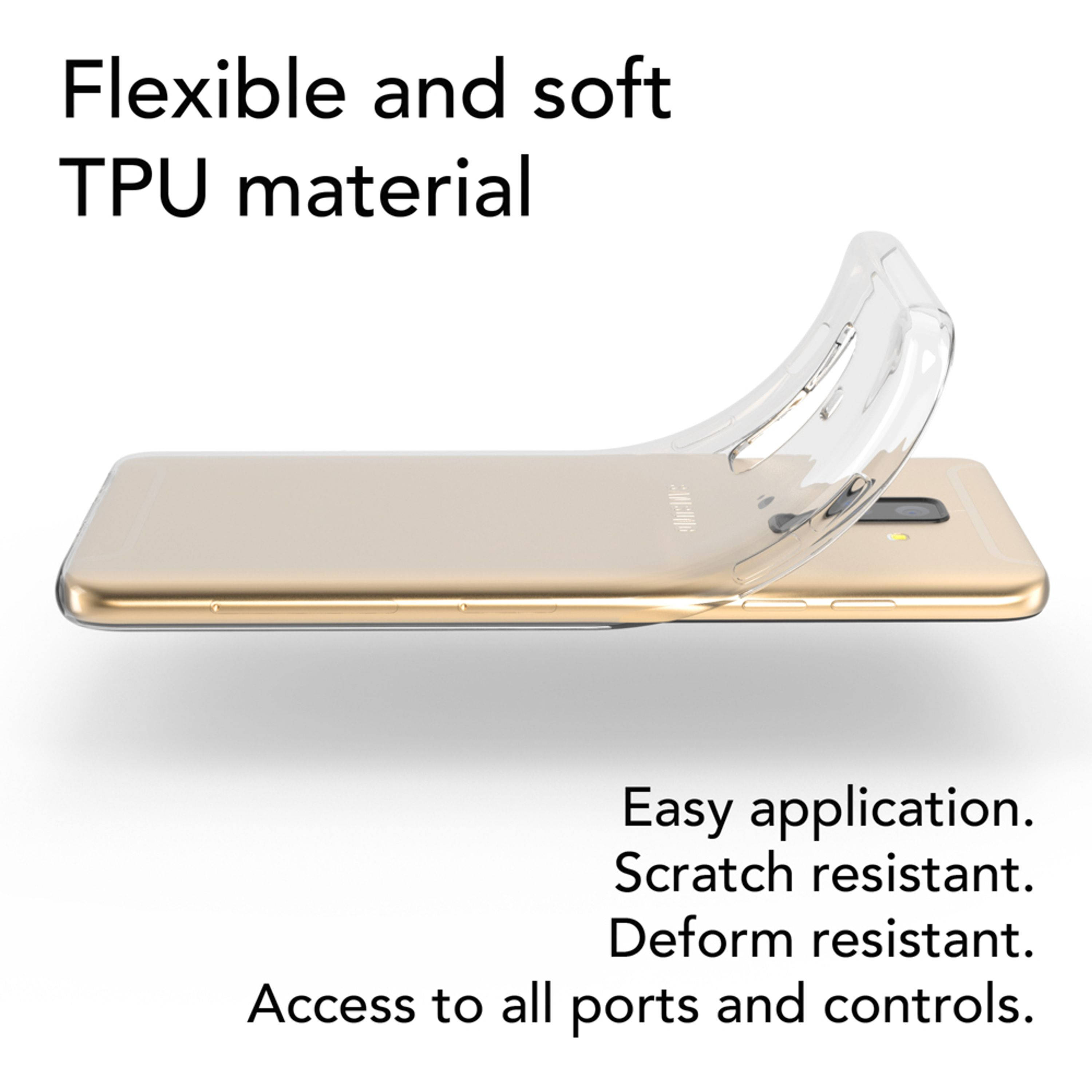 Goldenes Handy mit klarer flexibler TPU-Hülle. Text hebt Funktionen hervor.