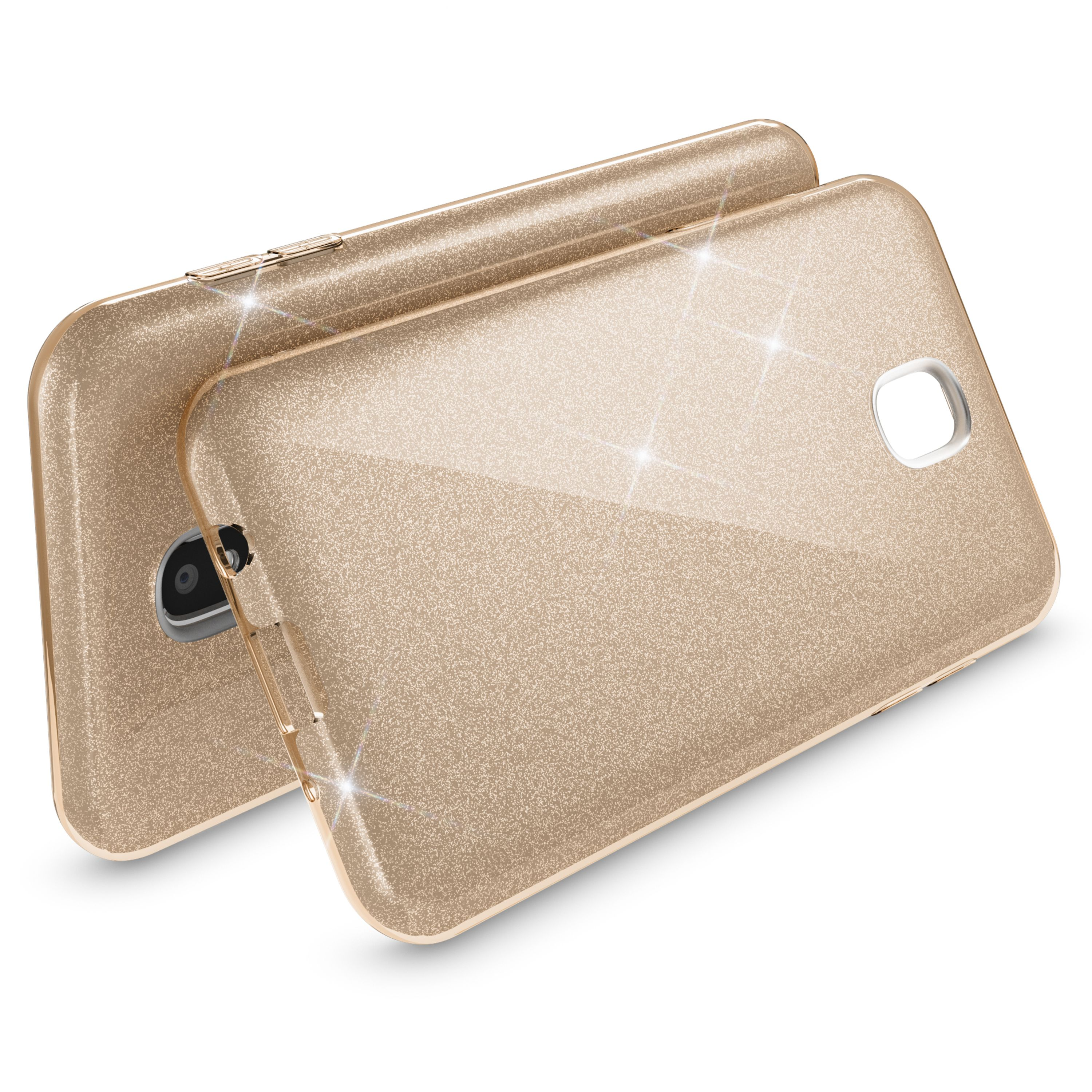 Zwei glitzernde goldene Handyhüllen liegen nebeneinander. Eine ist leicht versetzt.